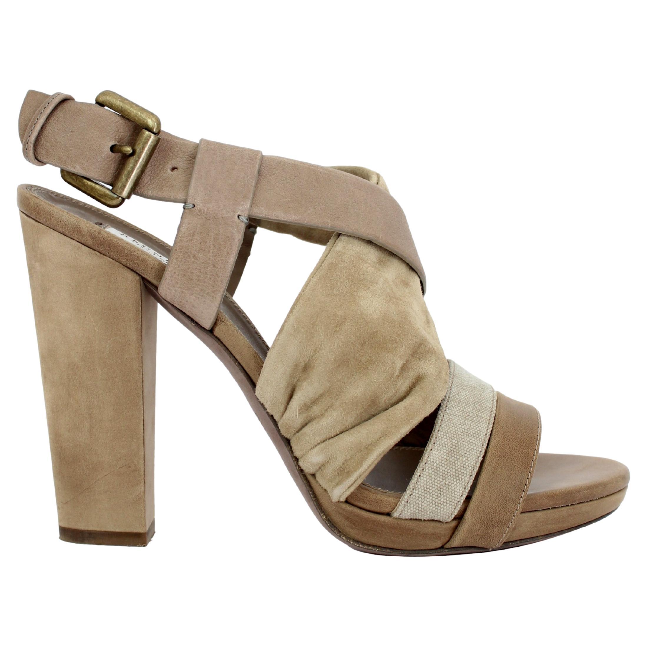 Brunello Cucinelli Beige Suede Leather Sandals Heels Shoes For Sale