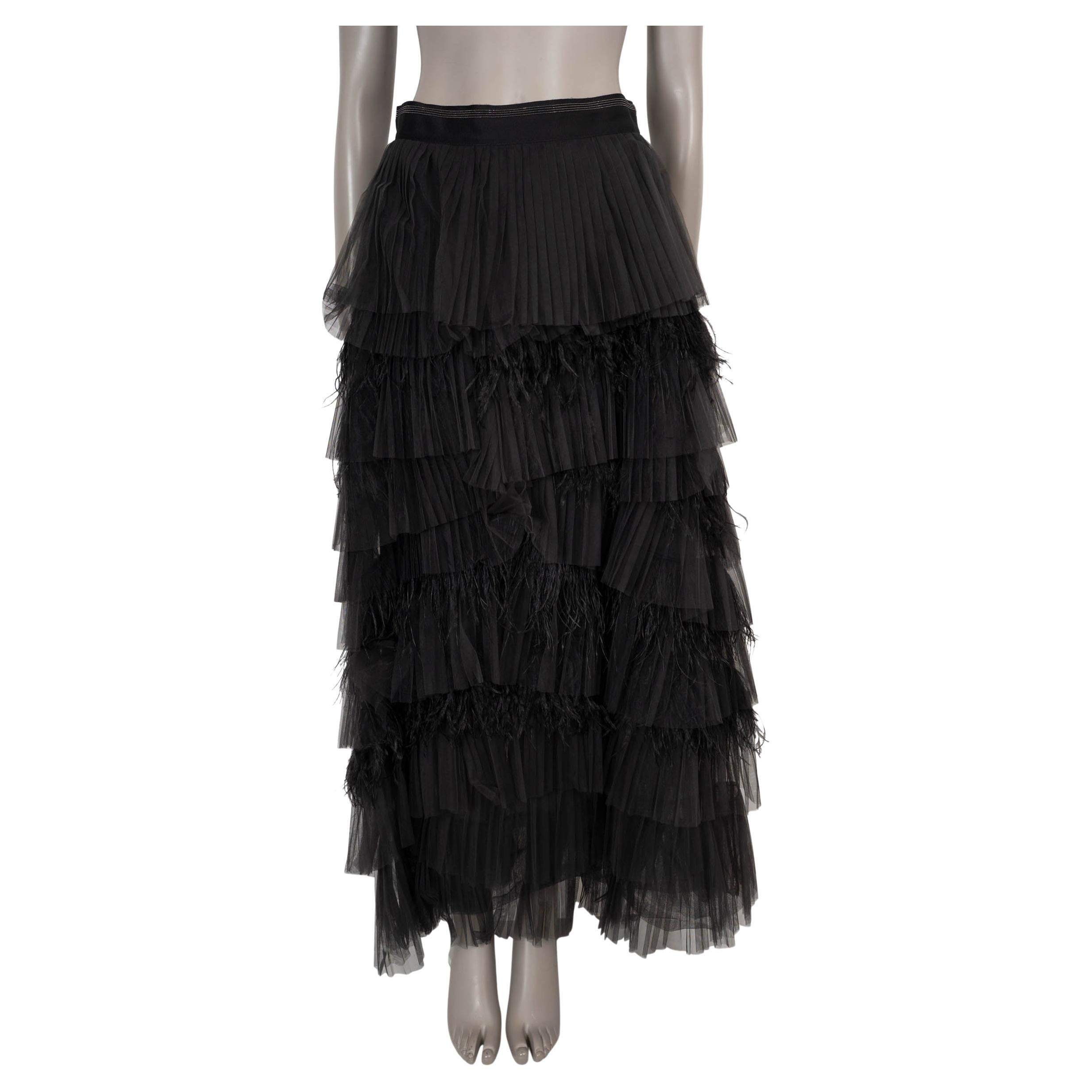 BRUNELLO CUCINELLI black 2018 FEATHER TRIM TIERED TULLE MAXI Skirt 40 S