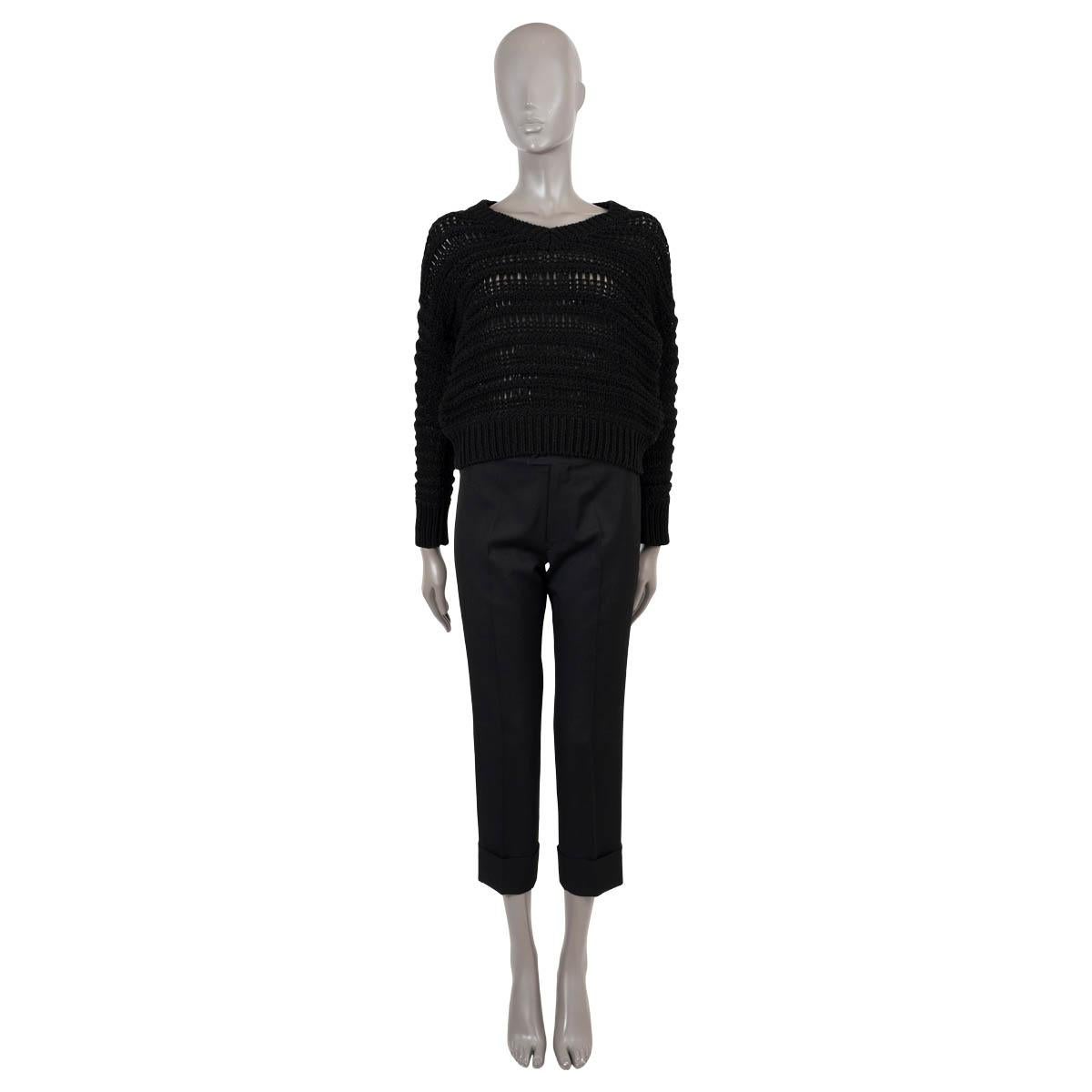 100% authentic Brunello Cucinelli open chunky crochet knit sweater in black cotton (100%). Features a V-neck, relaxed fit and rib knit neck, cuffs and hem. Unlined. Has been carried and is in excellent condition.

Measurements
Tag