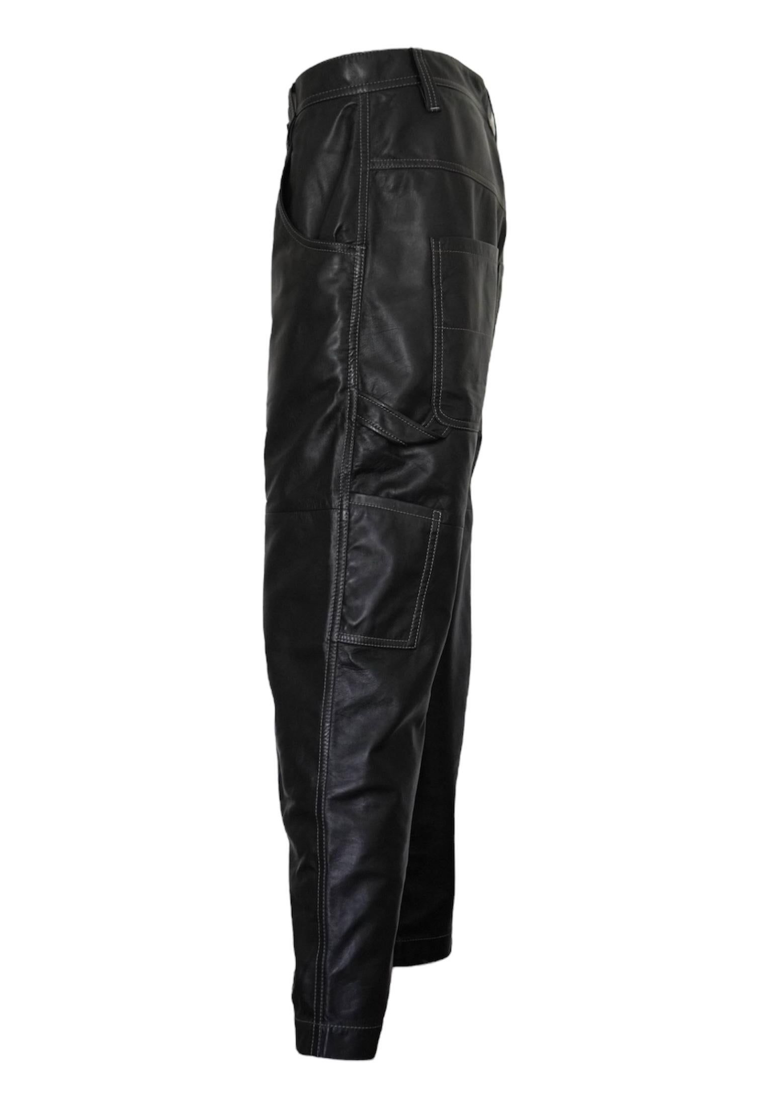 Brunello Cucinelli Black Leather Pants size 6. 
These pants are a looser fit with a cargo vibe. Length 37.5 inches, waist: 32 inches, Hips: 38 inches. Made in Italy. 

Brunello Cucinelli is an Italian luxury fashion brand known for its exquisite