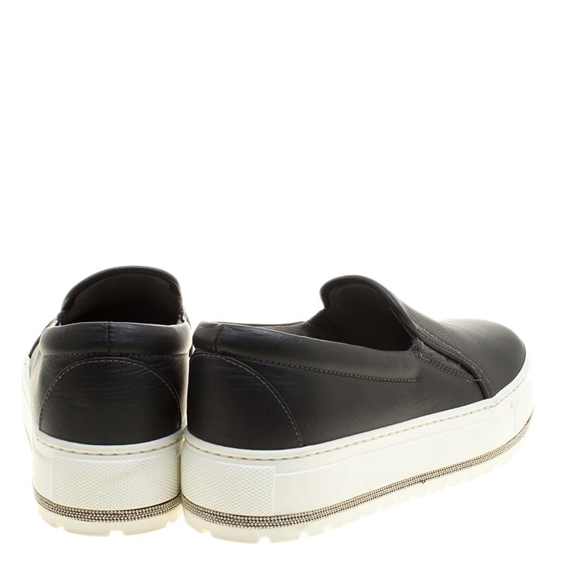 Beige Brunello Cucinelli Black Leather Slip On Sneakers Size 37.5