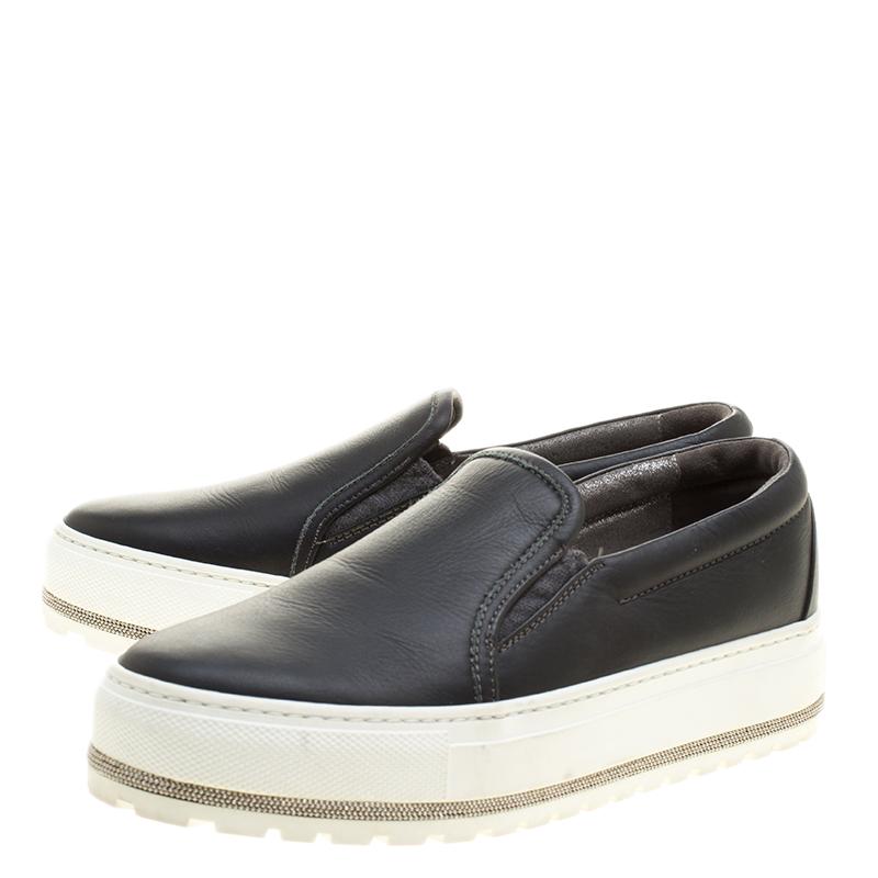 Women's Brunello Cucinelli Black Leather Slip On Sneakers Size 37.5
