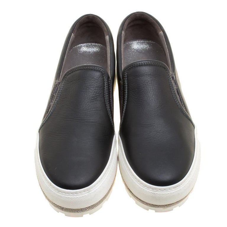 Brunello Cucinelli Black Leather Slip On Sneakers Size 39.5 For Sale at ...