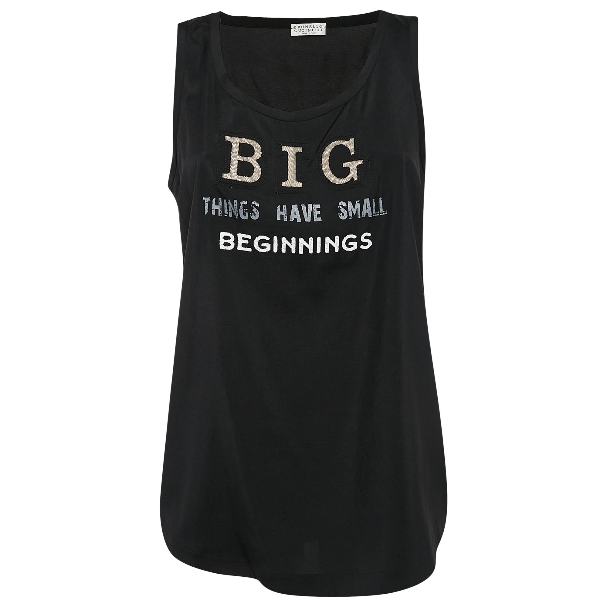 Brunello Cucinelli Camiseta de tirantes de seda negra estampada con detalle de abalorios Monili M en venta