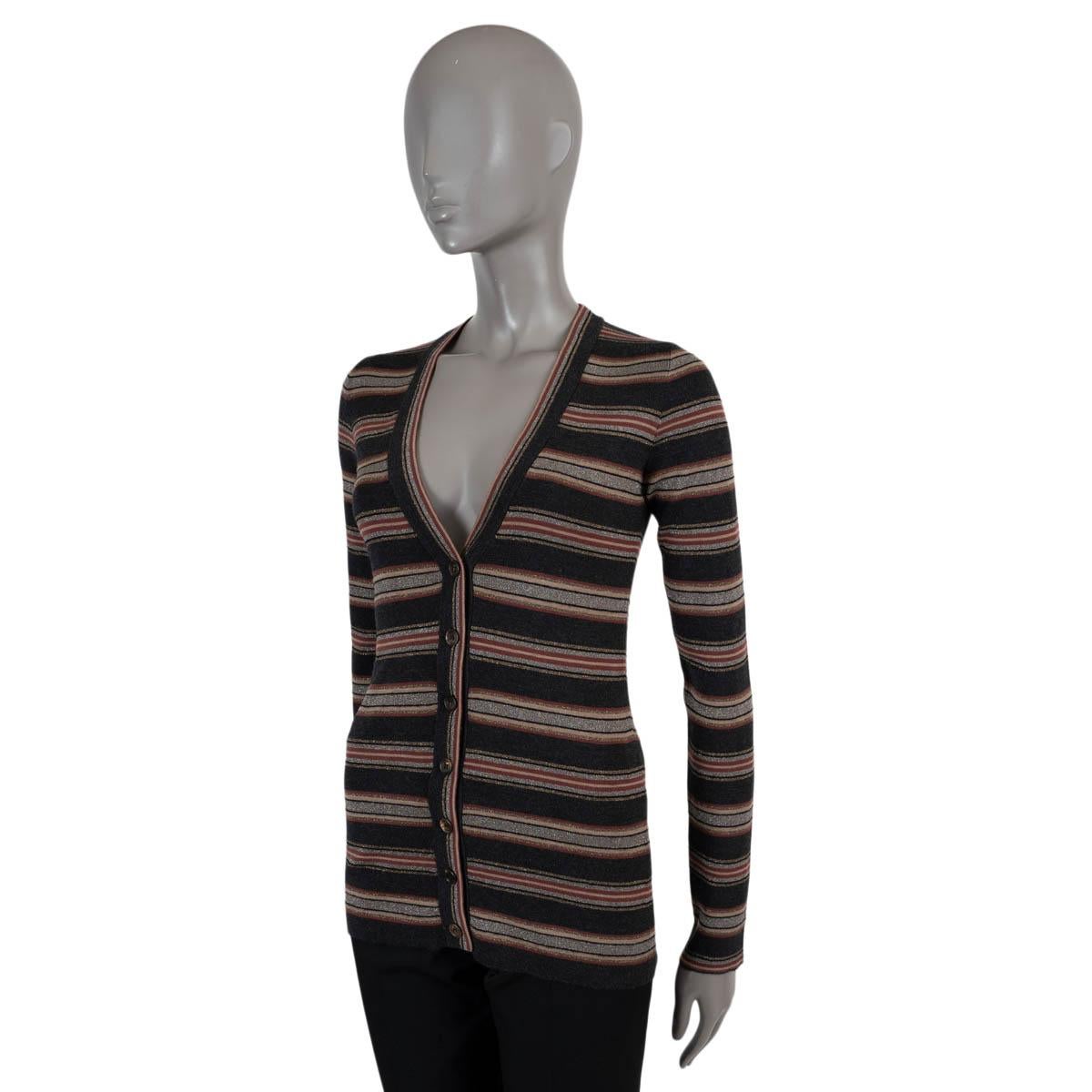 100% authentic Brunello Cucinelli lurex striped cardigan in anthracite, red, gold and silver wool (90%) and cashmere (10%). Features slim-fit, long silhouette, V-neck with knit trim. Closes with buttons on the front. Has been worn and is in