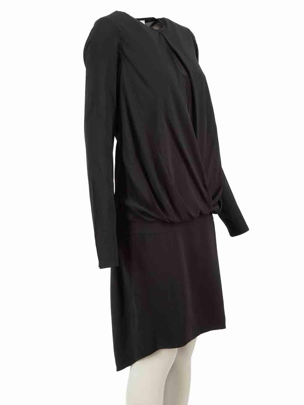 CONDITION is Good. Minor wear to dress is evident. Minor loose threads to hem of right sleeve and minor holes to centre back seam on this used Brunello Cucinelli designer resale item.

Details
Black
Silk
Dress
Mini
Front drape detail
Long