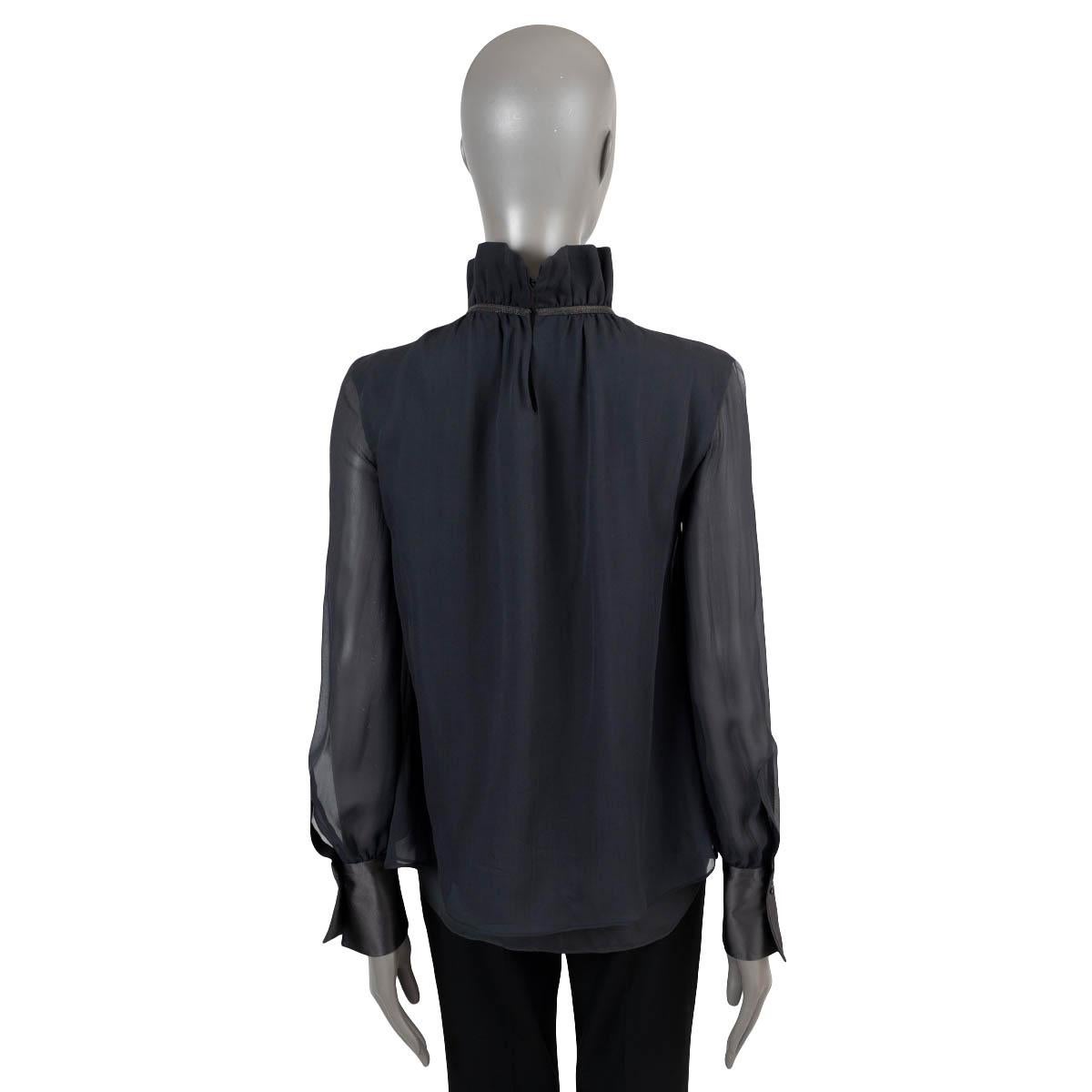 BRUNELLO CUCINELLI black silk MONILI TRIM HIGH-NECK Blouse Shirt XS In Excellent Condition For Sale In Zürich, CH
