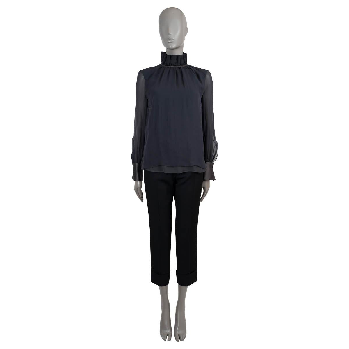 Women's BRUNELLO CUCINELLI black silk MONILI TRIM HIGH-NECK Blouse Shirt XS For Sale