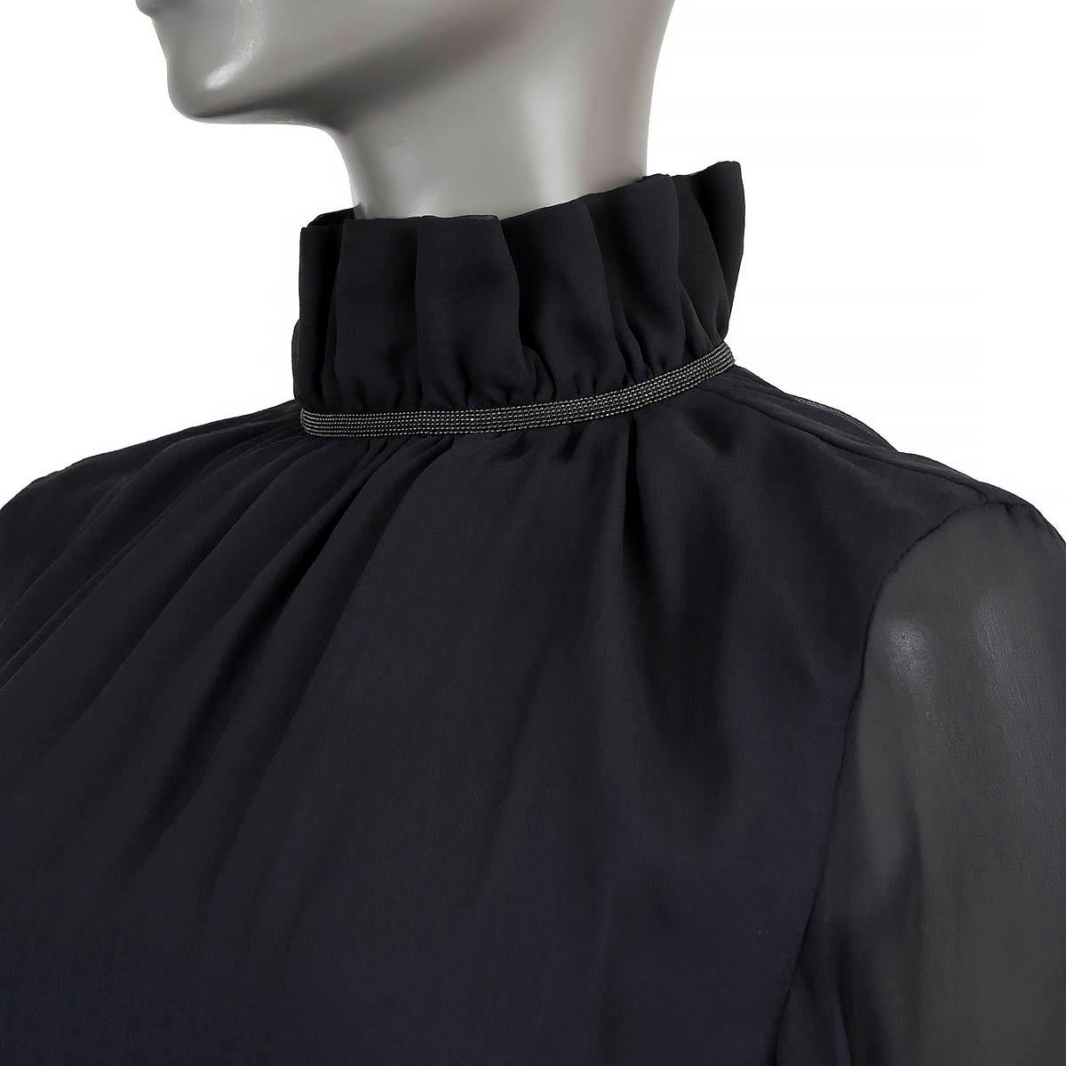 BRUNELLO CUCINELLI black silk MONILI TRIM HIGH-NECK Blouse Shirt XS For Sale 1