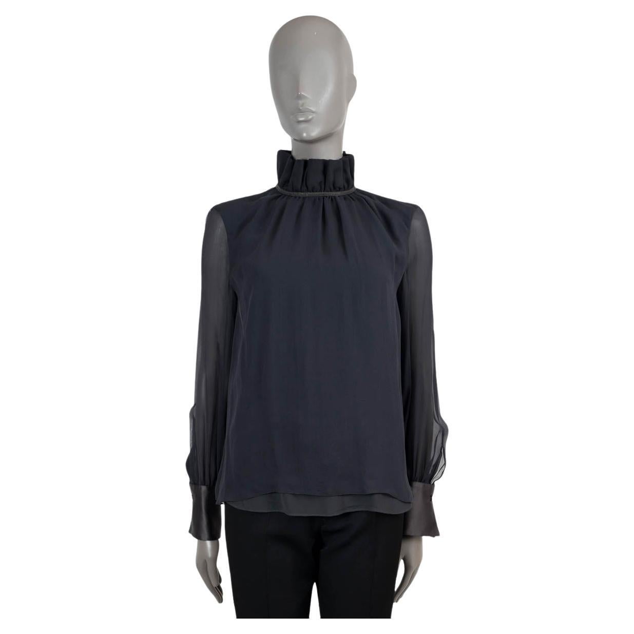 BRUNELLO CUCINELLI black silk MONILI TRIM HIGH-NECK Blouse Shirt XS For Sale