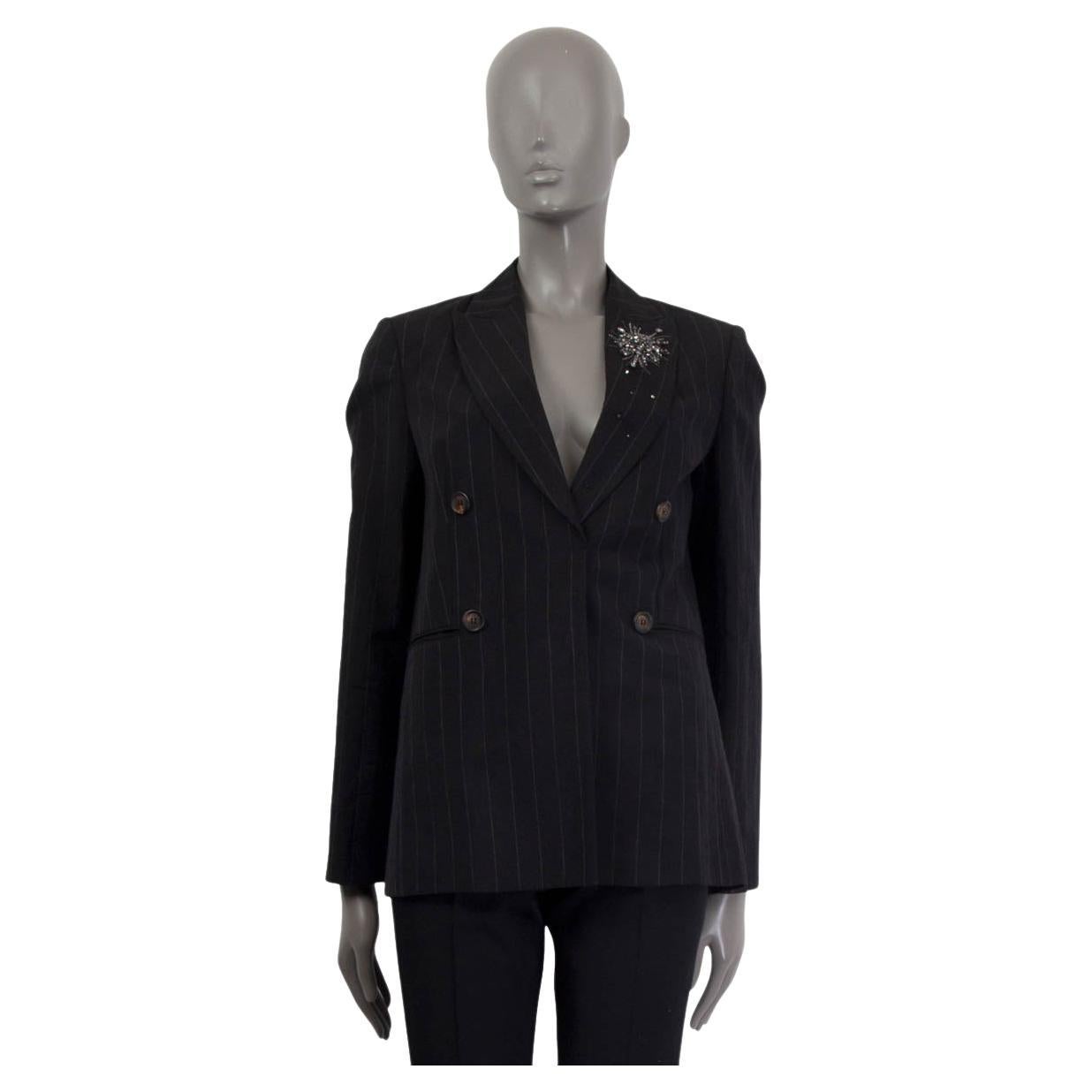 BRUNELLO CUCINELLI black wool & linen PINSTRIPE JEWEL Blazer Jacket 42 M For Sale
