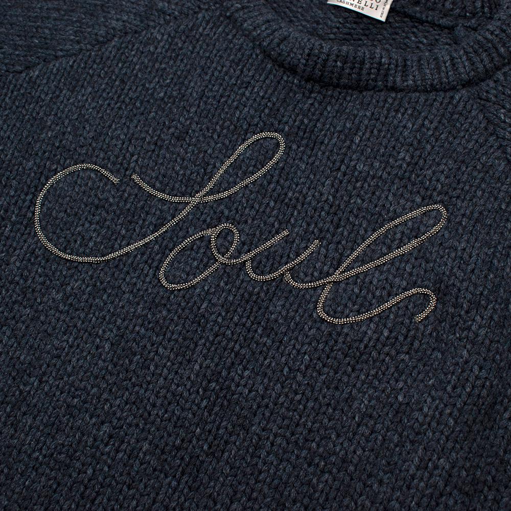 Brunello Cucinelli Jersey de cachemira azul con alma bordada Monili - Talla 6 en venta 1