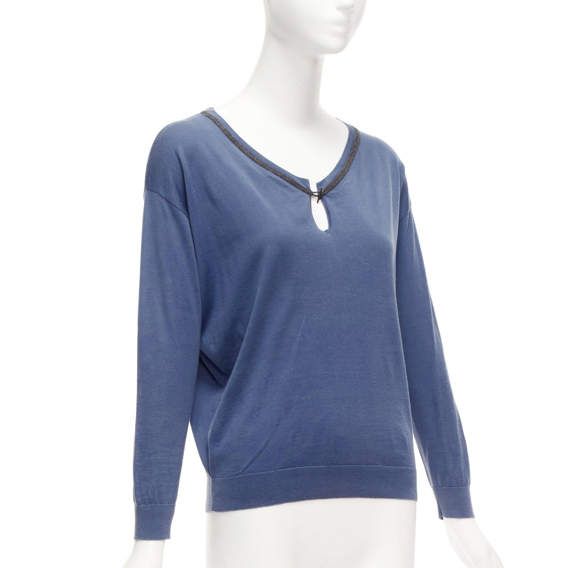 Bleu BRUNELLO CUCINELLI - Pull en coton bleu avec boucle perlée et trou de serrure - XXS en vente