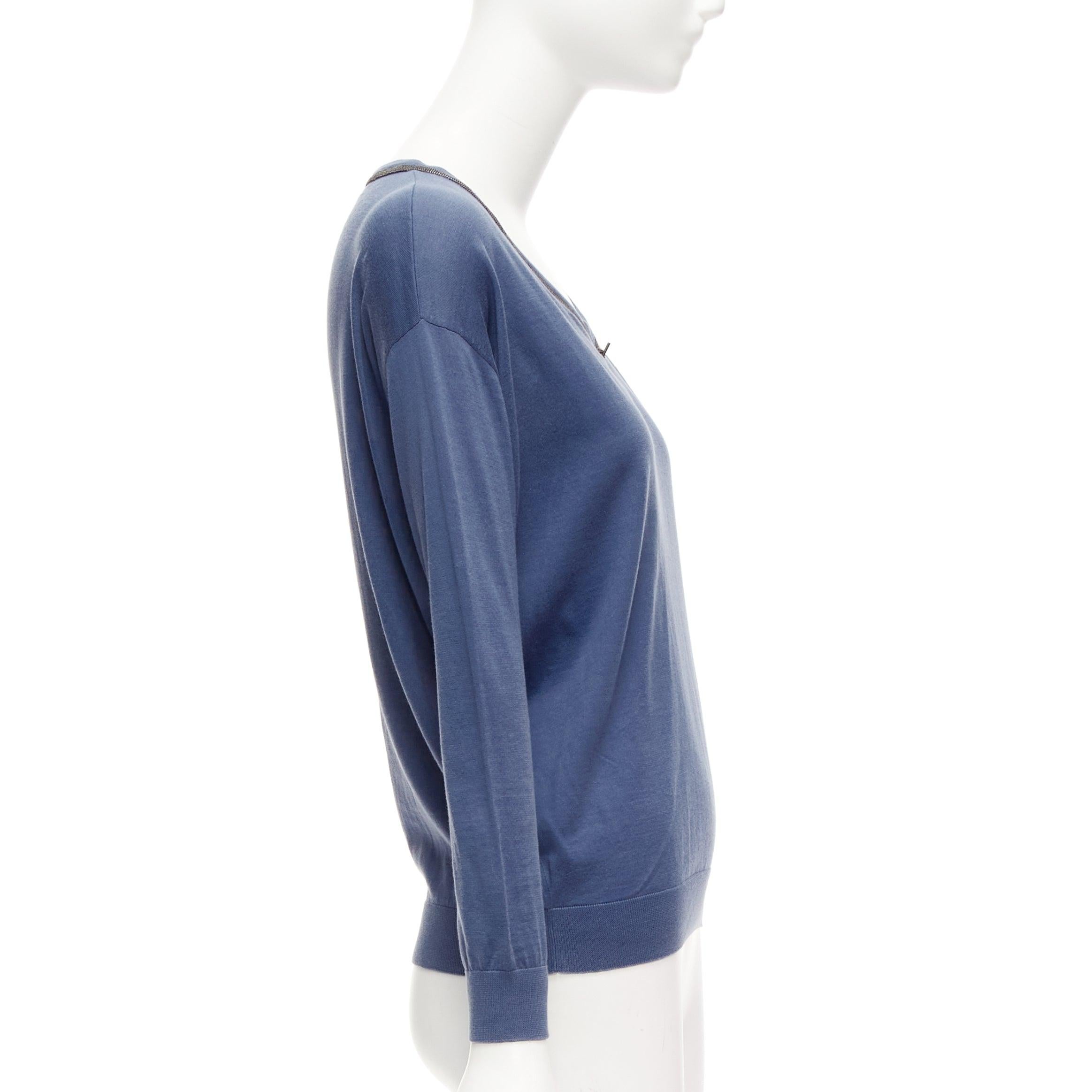 BRUNELLO CUCINELLI - Pull en coton bleu avec boucle perlée et trou de serrure - XXS Bon état - En vente à Hong Kong, NT