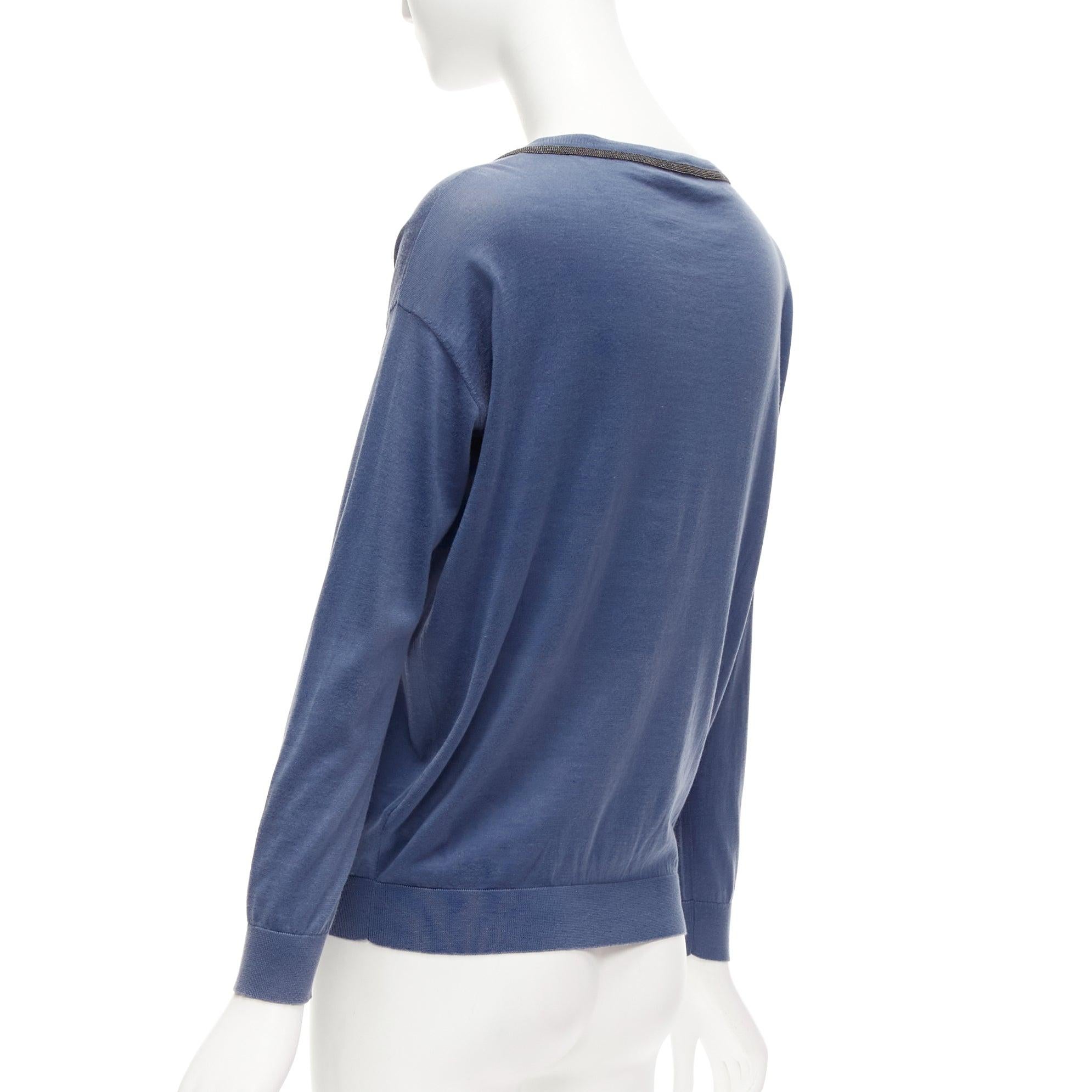 BRUNELLO CUCINELLI - Pull en coton bleu avec boucle perlée et trou de serrure - XXS en vente 1