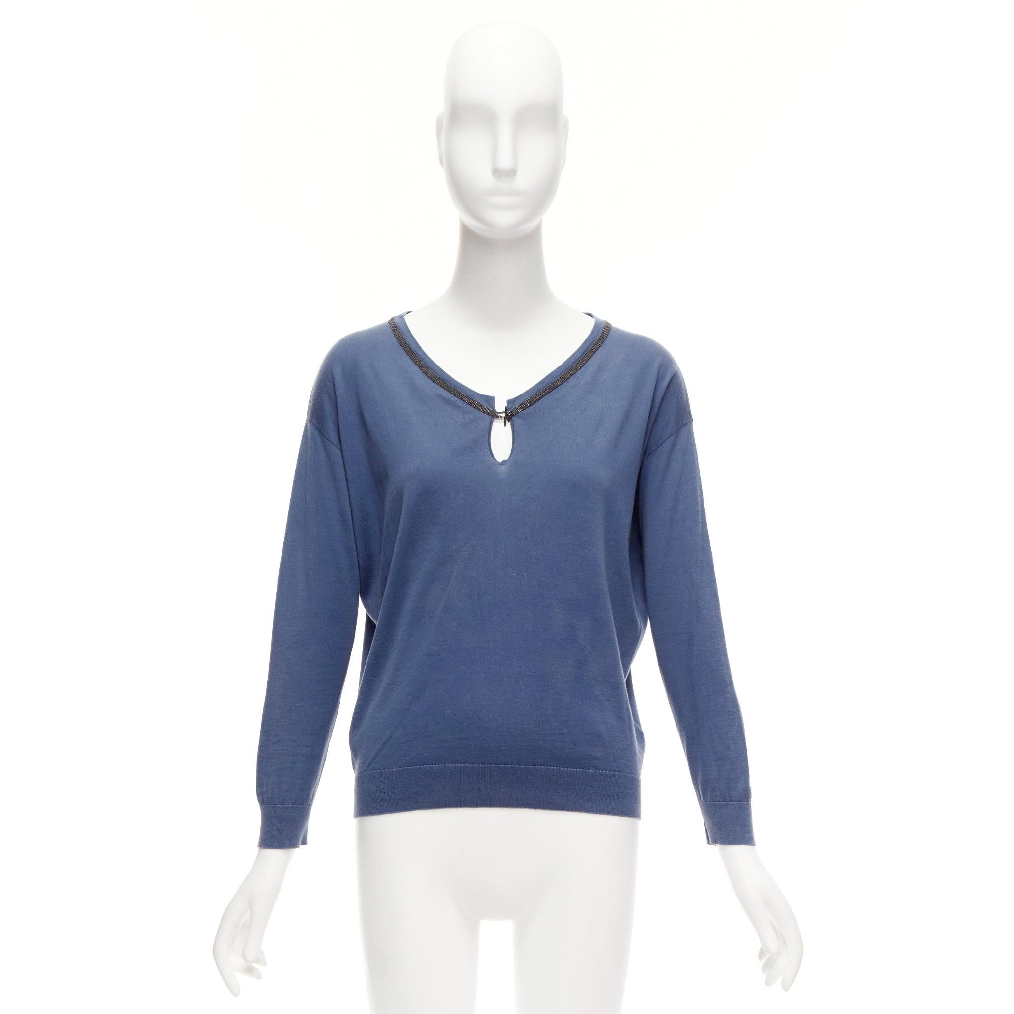 BRUNELLO CUCINELLI - Pull en coton bleu avec boucle perlée et trou de serrure - XXS en vente 4