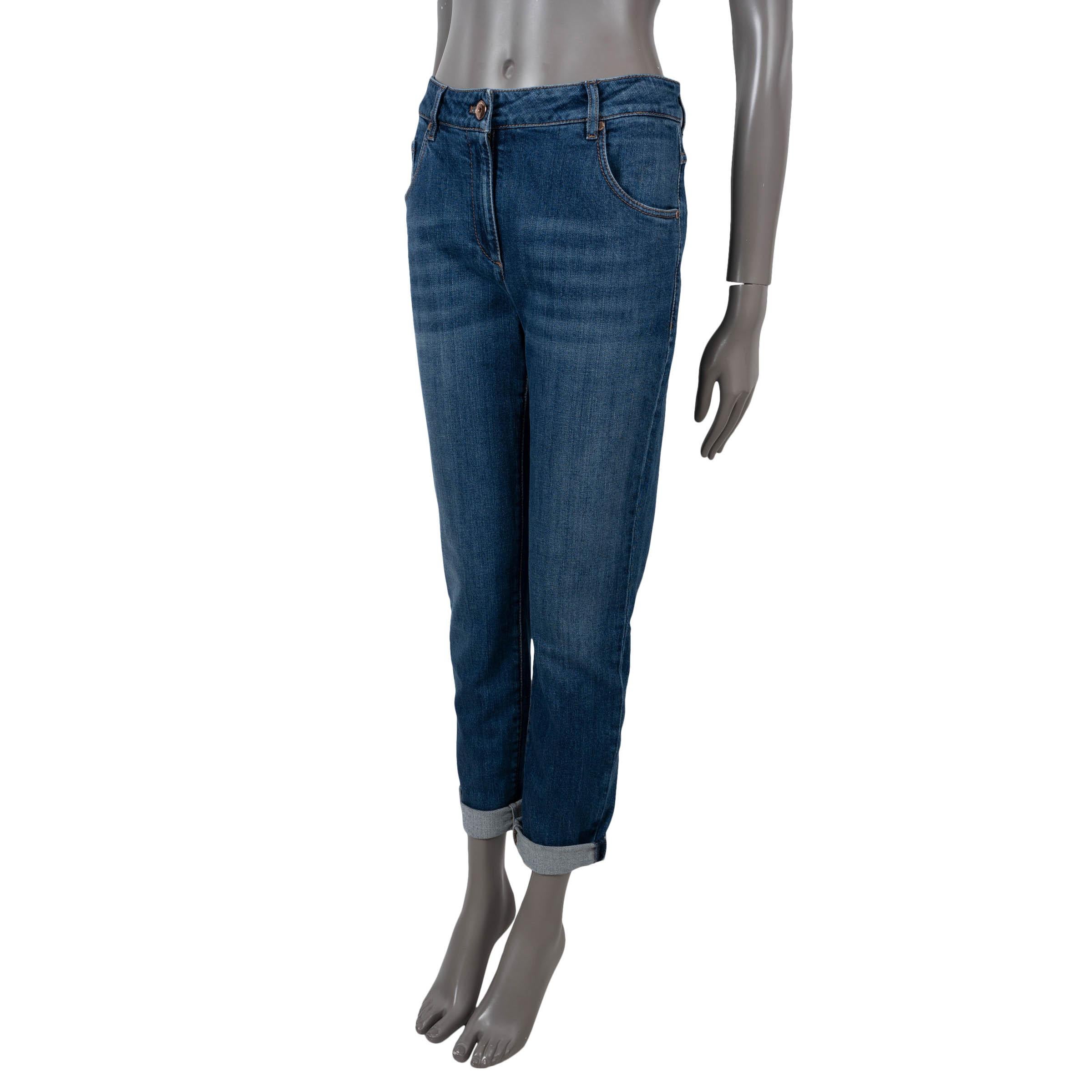 100% authentic Brunello Cucinelli jeans in dark blue stone washed denim cotton (with 3% elastane). Features a high waisted, skinny fit and classic five pocket design with monili trim leather tab on the back pocket. Have been worn and are in