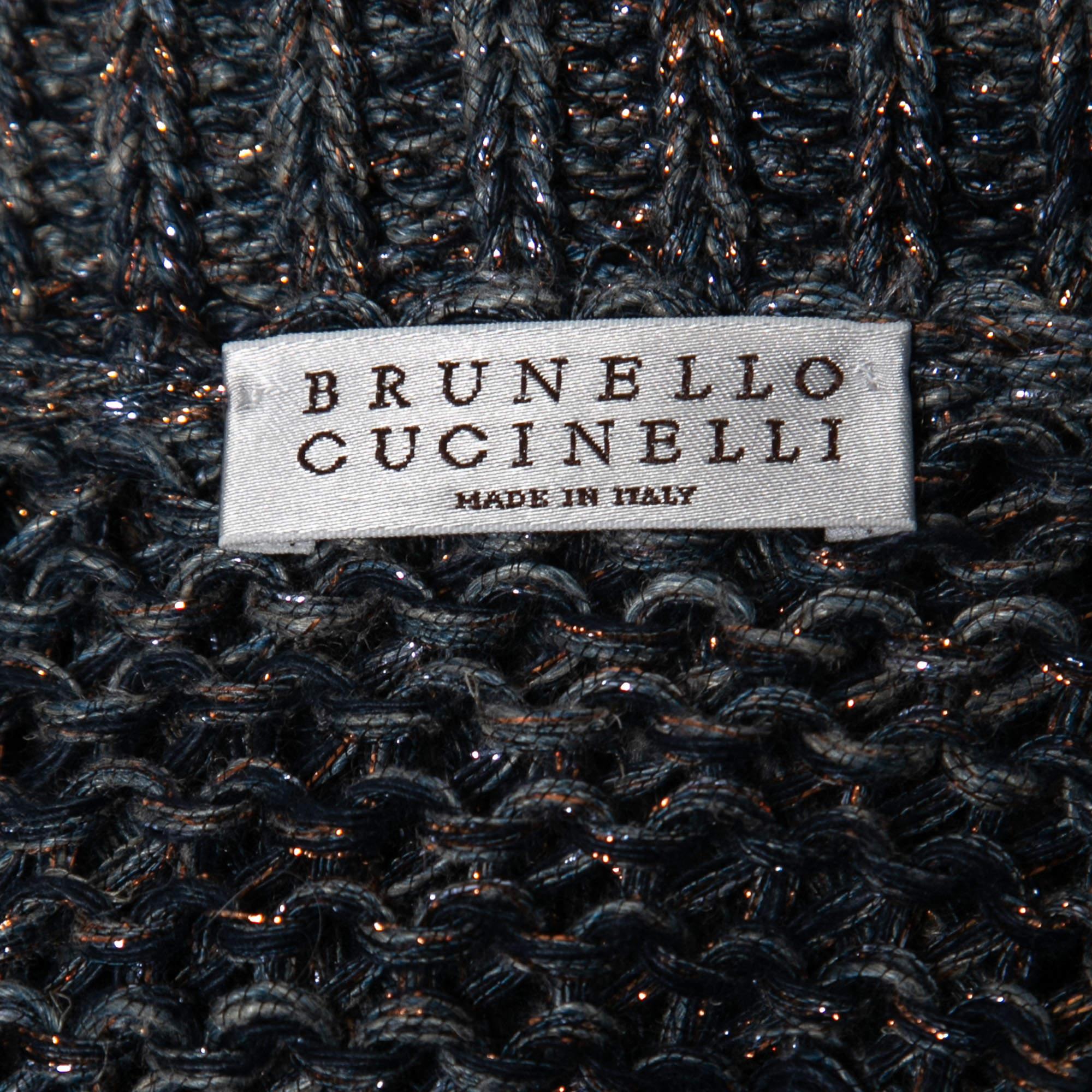 Brunello Cucinelli Blue Lurex Linen Knit Zip Up Cardigan L For Sale 2