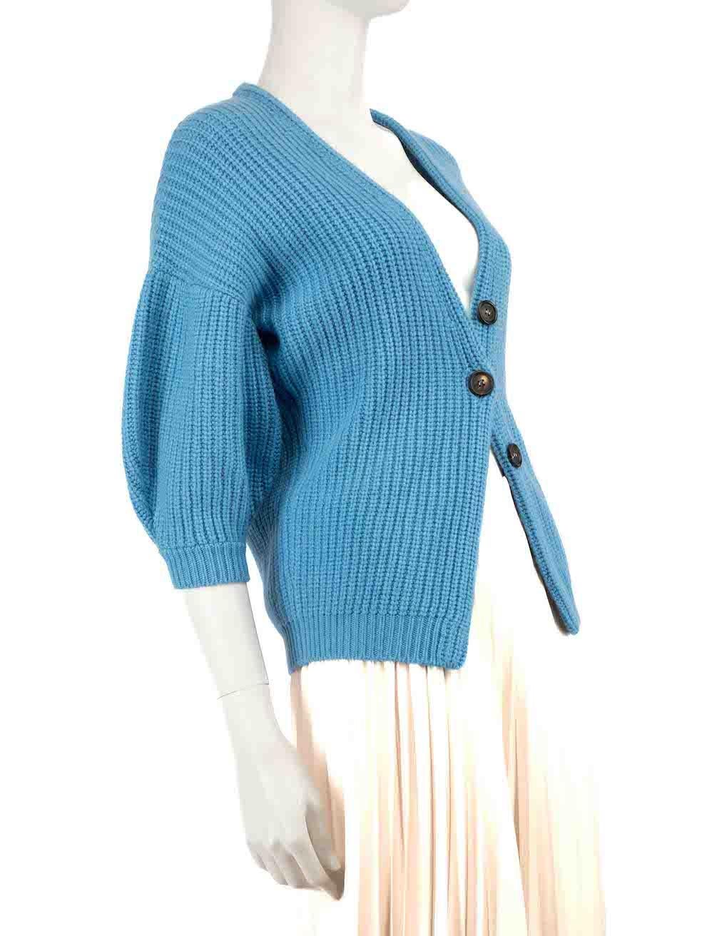 CONDITION is Very good. Hardly any visible wear to cardigan is evident on this used Brunello Cucinelli designer resale item.
 
 
 
 Details
 
 
 Blue
 
 Cashmere
 
 Cardigan
 
 Puff sleeves
 
 Knitted and stretchy
 
 Front button up closure
 
 
 
 
