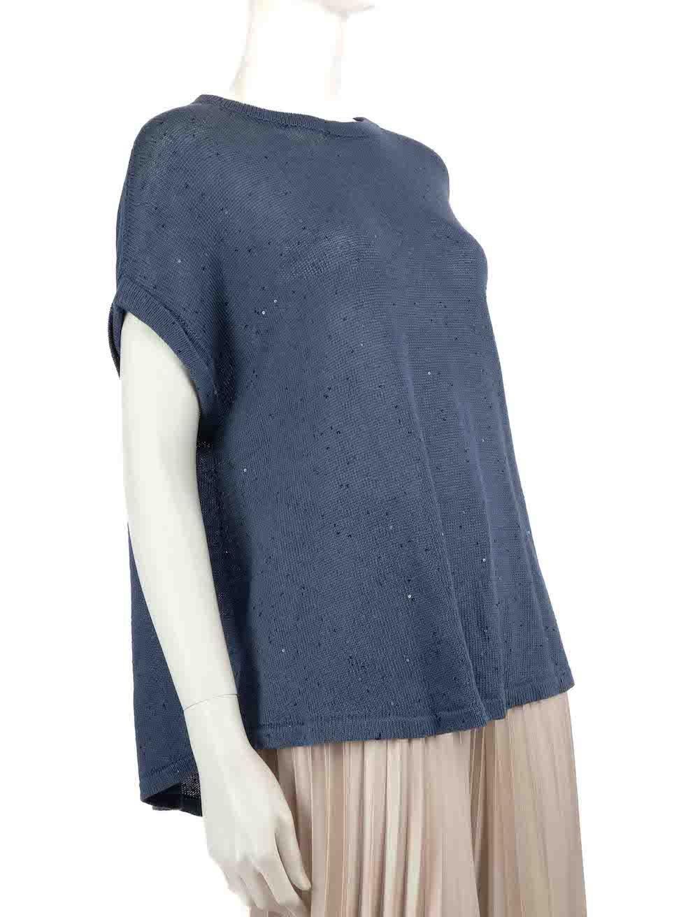 CONDITION is Very good. Minimal wear to jumper is evident. Some light discolouration around neckline and the brand label is missing on this used Brunello Cucinelli designer resale item.
 
 
 
 Details
 
 
 Blue
 
 Linen
 
 Short sleeves top
 
