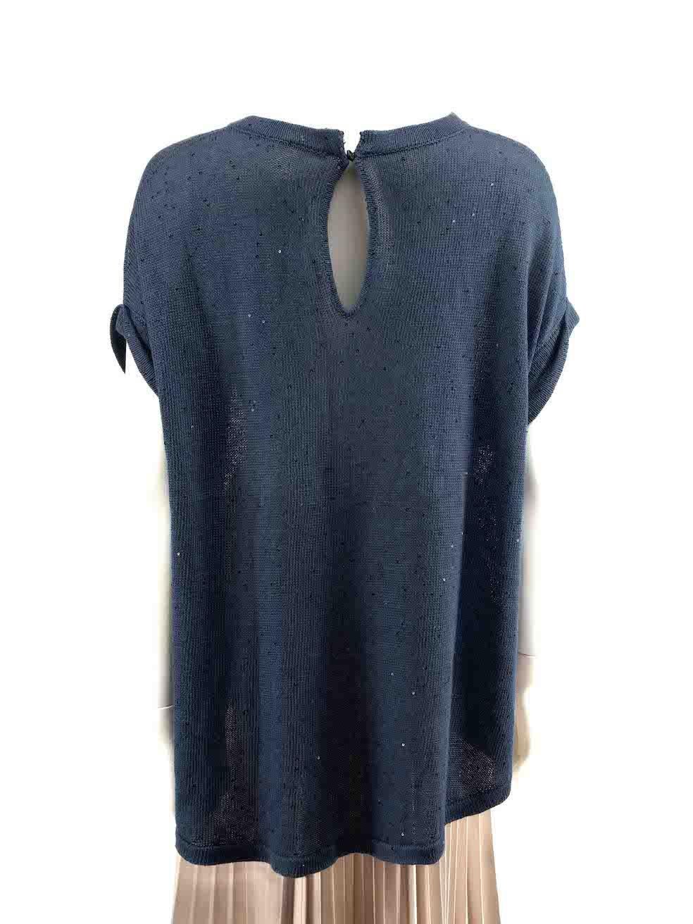 Brunello Cucinelli Blue Sequin Accent Knit Top Size S In Excellent Condition For Sale In London, GB