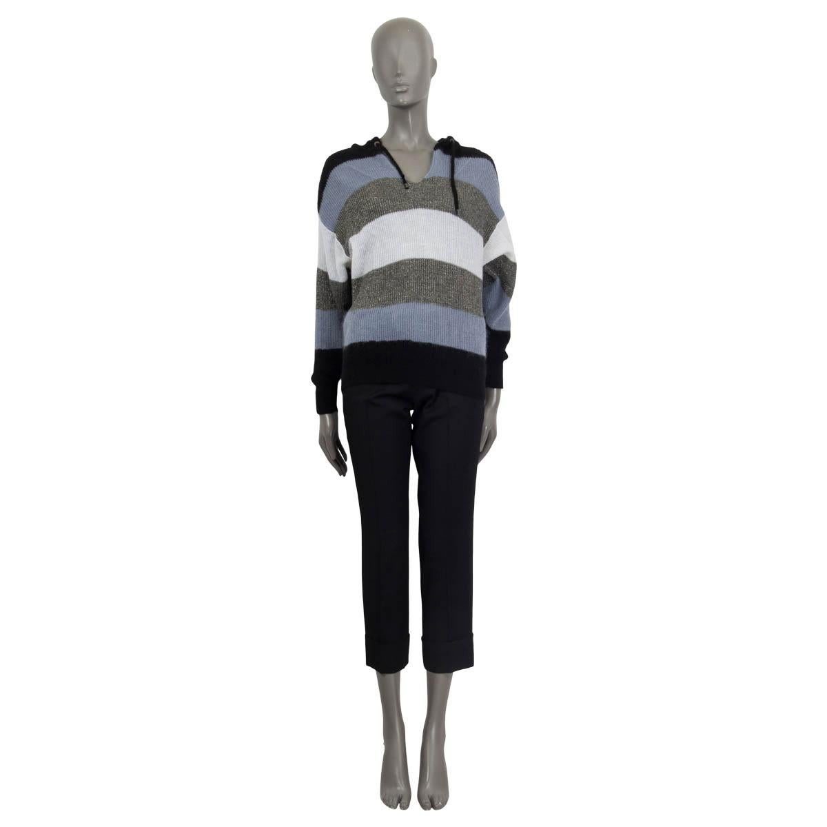 100% authentic Brunello Cucinelli striped hooded sweater in black, blue, white, gray and silver polyamide (47%), mohair (37%) and wool (16%). Unlined. Has been worn and is in excellent condition.

Measurements
Tag Size	XS
Size	XS
Shoulder Width	57cm