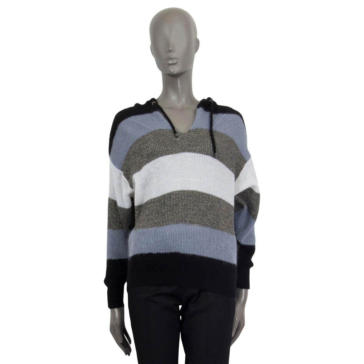 Black BRUNELLO CUCINELLI blue white grey STRIPED LUREX HOODED Sweater XS For Sale