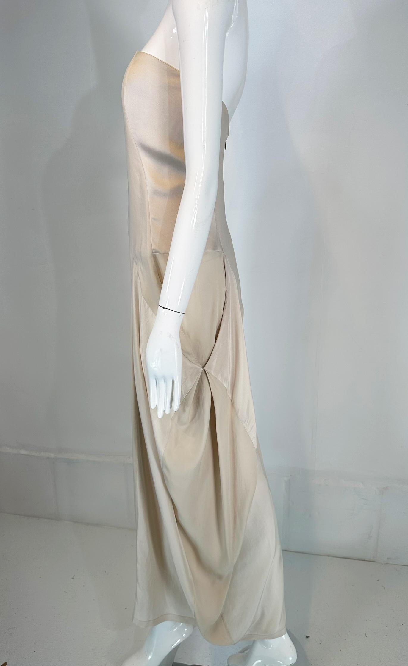 Brunello Cucinelli Bone Tone on Tone Silk Bias Cut & Pieced Strapless Dress For Sale 6