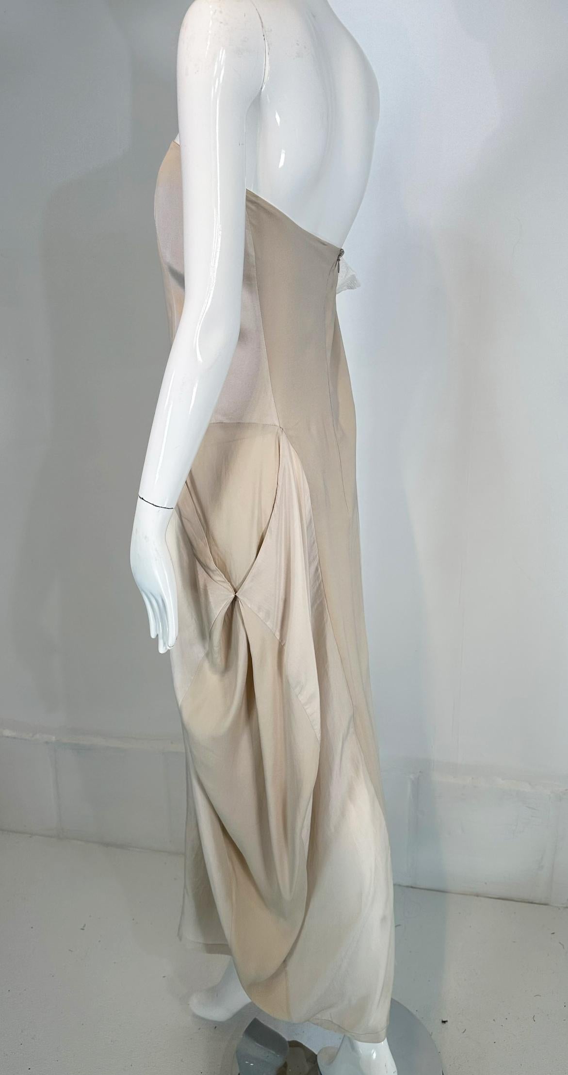 Brunello Cucinelli Bone Tone on Tone Silk Bias Cut & Pieced Strapless Dress For Sale 7