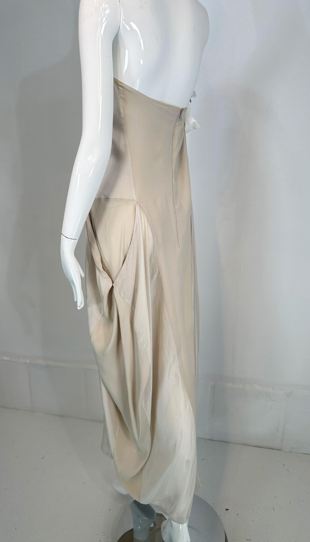 Brunello Cucinelli Bone Tone on Tone Silk Bias Cut & Pieced Strapless Dress For Sale 8