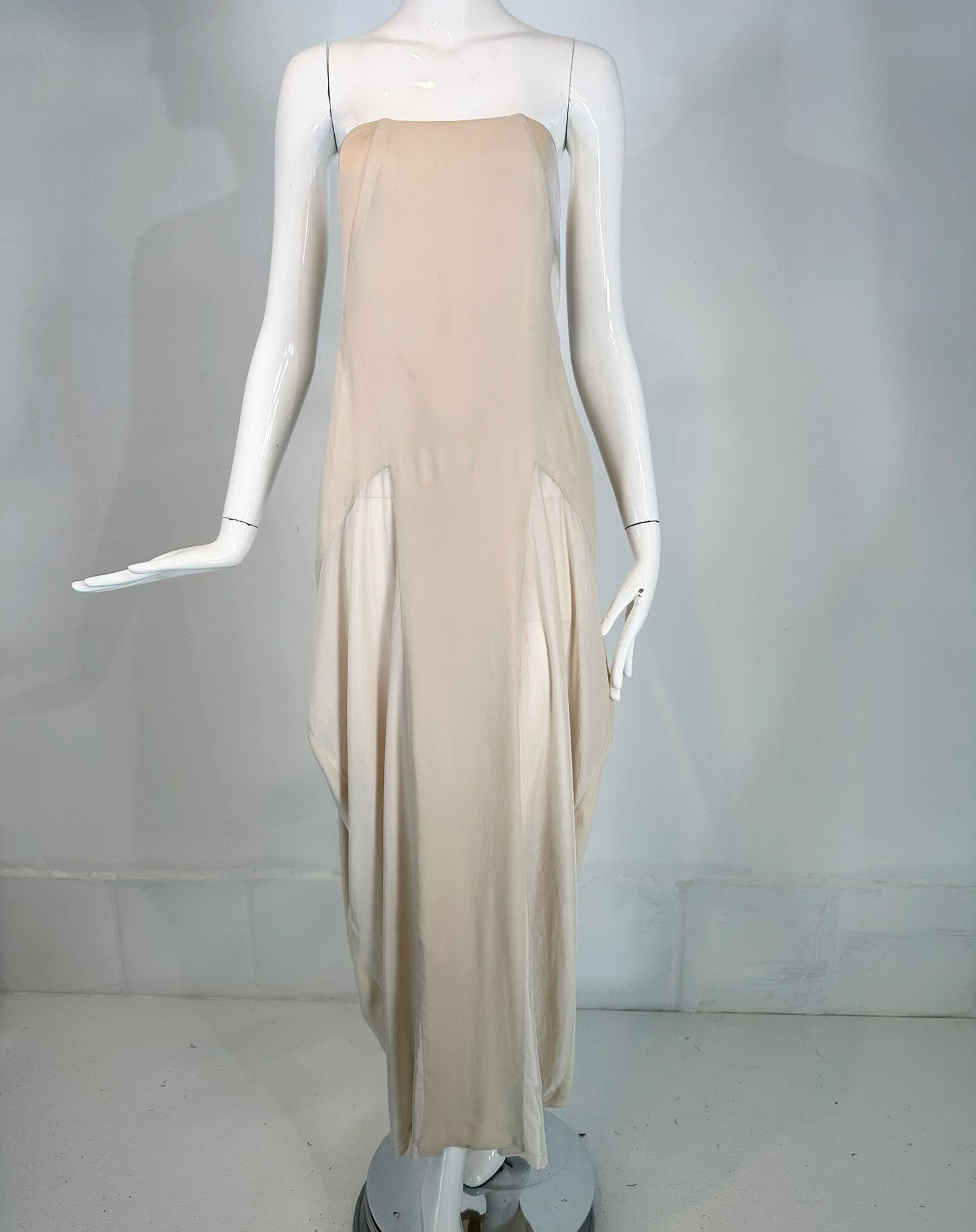 Brunello Cucinelli Bone Tone on Tone Silk Bias Cut & Pieced Strapless Dress For Sale 9