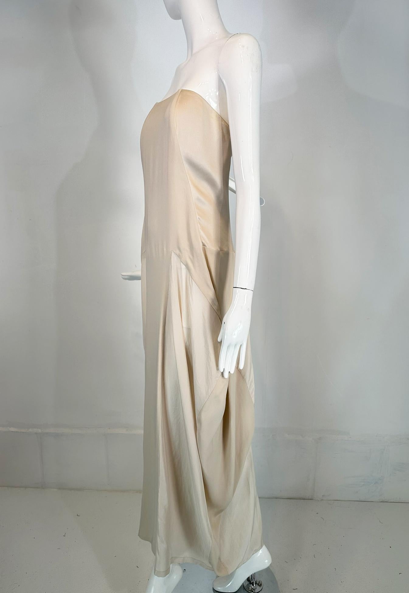 Gray Brunello Cucinelli Bone Tone on Tone Silk Bias Cut & Pieced Strapless Dress For Sale