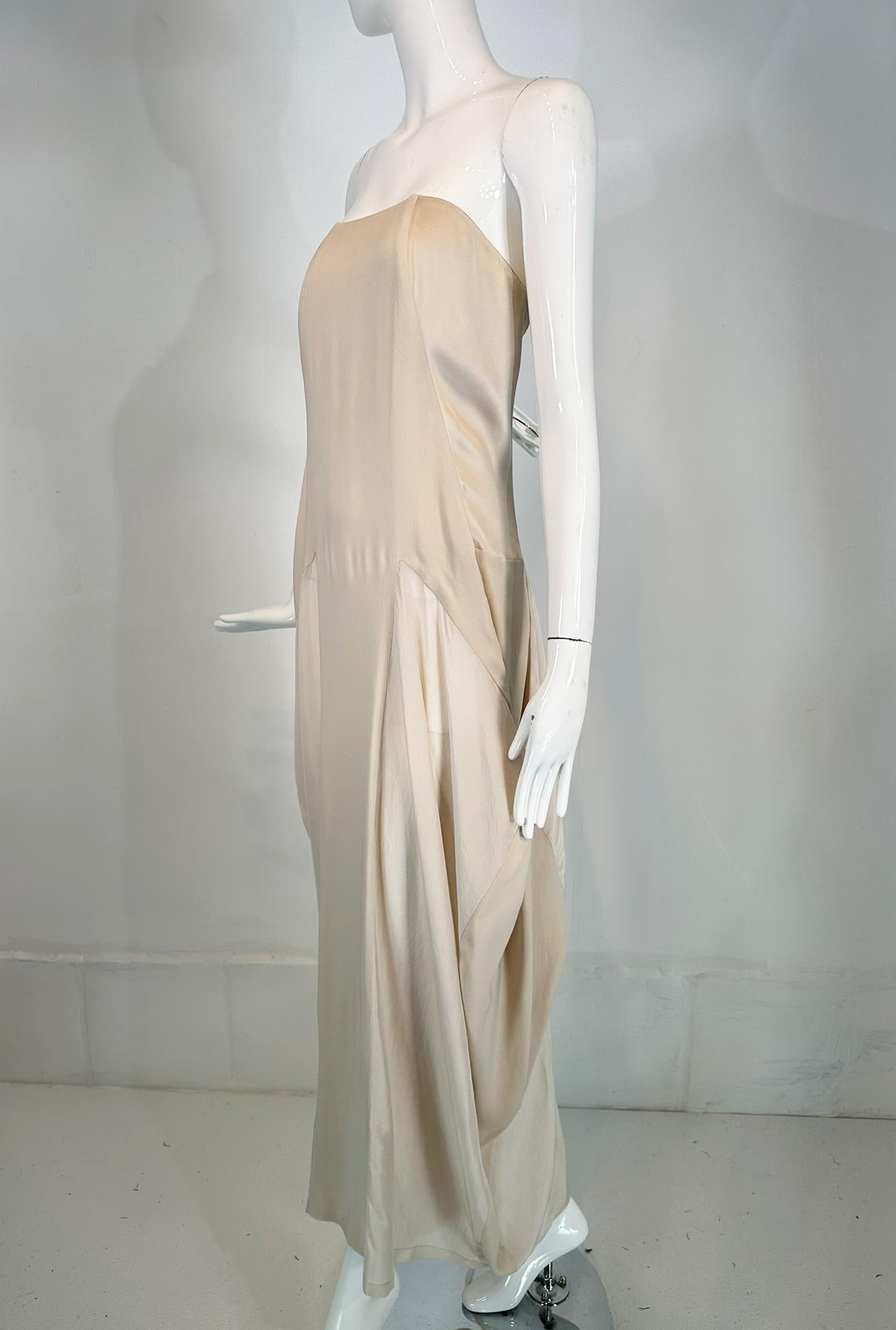 Brunello Cucinelli Bone Tone on Tone Silk Bias Cut & Pieced Strapless Dress In Good Condition For Sale In West Palm Beach, FL