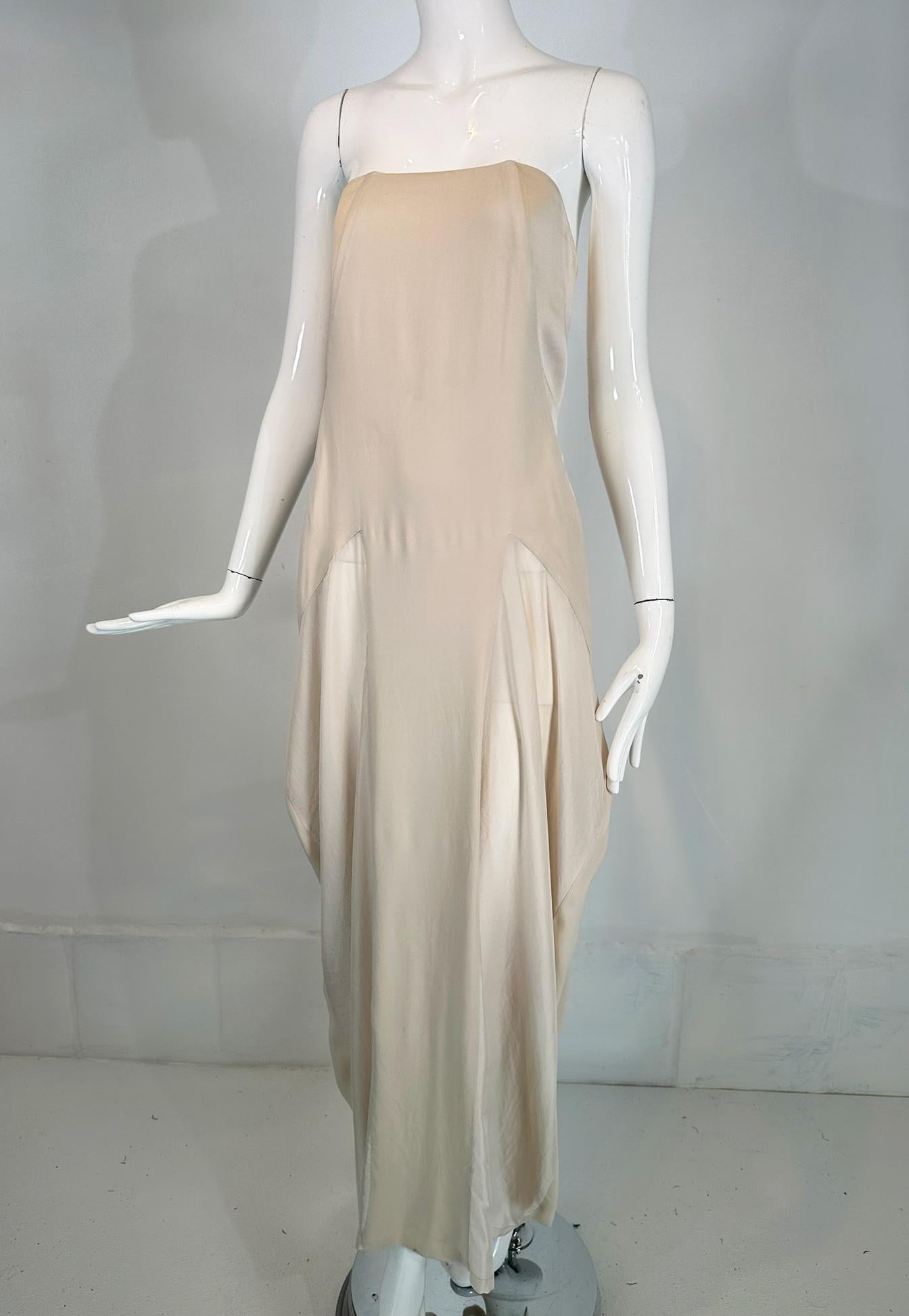 Brunello Cucinelli Bone Tone on Tone Silk Bias Cut & Pieced Strapless Dress For Sale 1