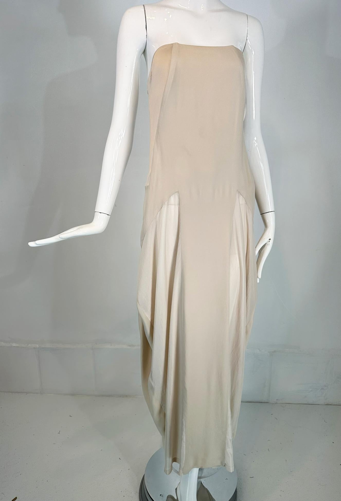 Brunello Cucinelli Bone Tone on Tone Silk Bias Cut & Pieced Strapless Dress For Sale 2