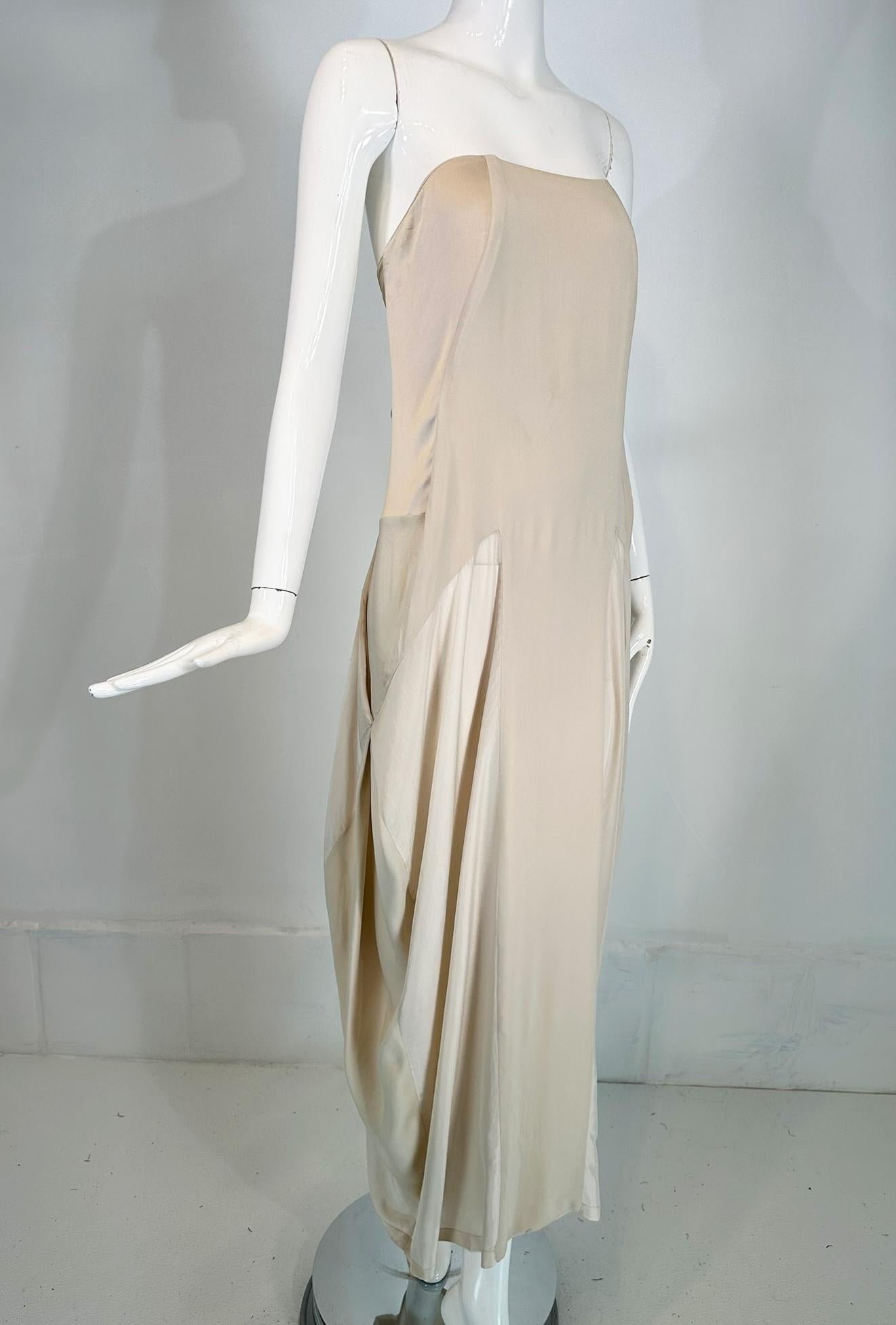Brunello Cucinelli Bone Tone on Tone Silk Bias Cut & Pieced Strapless Dress For Sale 3