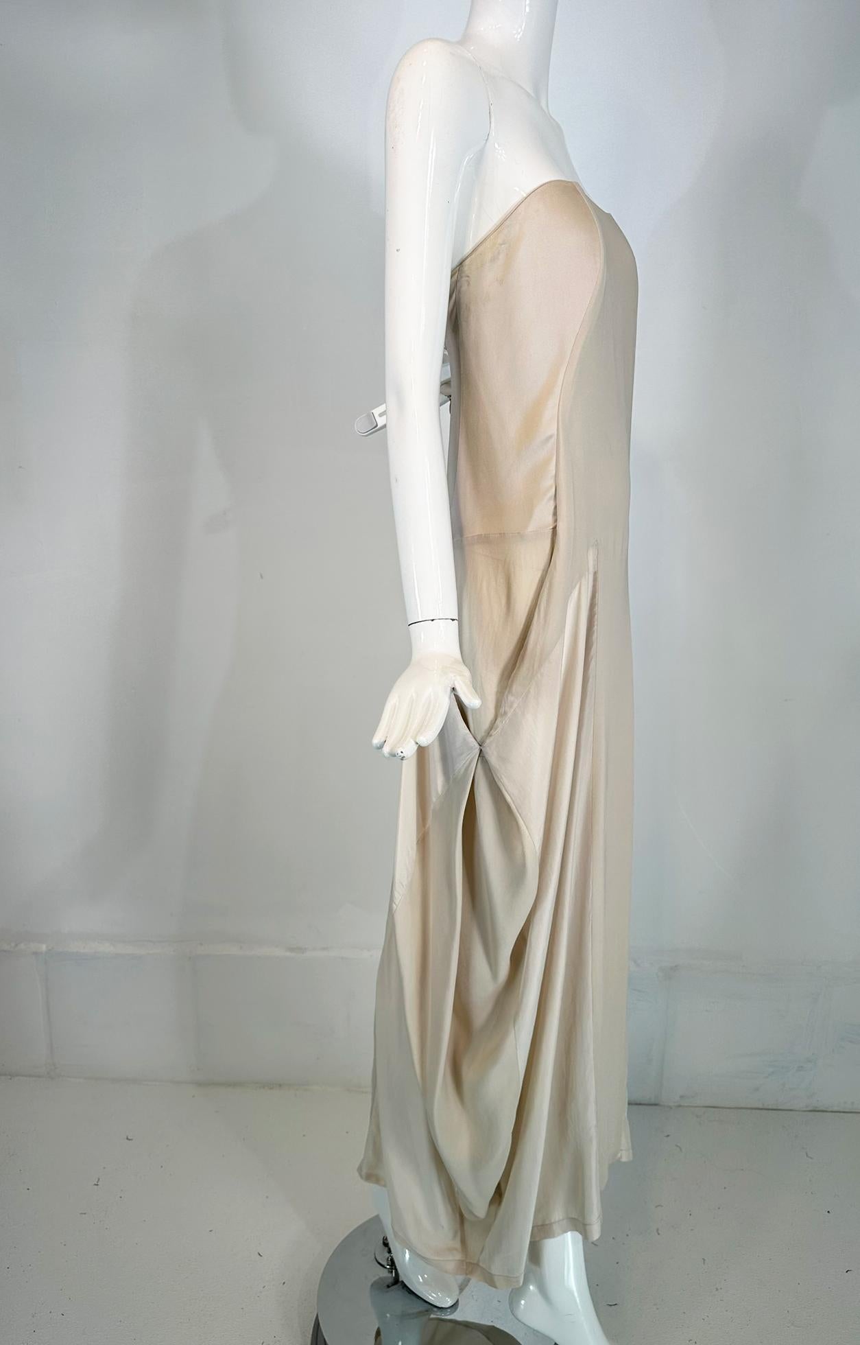 Brunello Cucinelli Bone Tone on Tone Silk Bias Cut & Pieced Strapless Dress For Sale 4