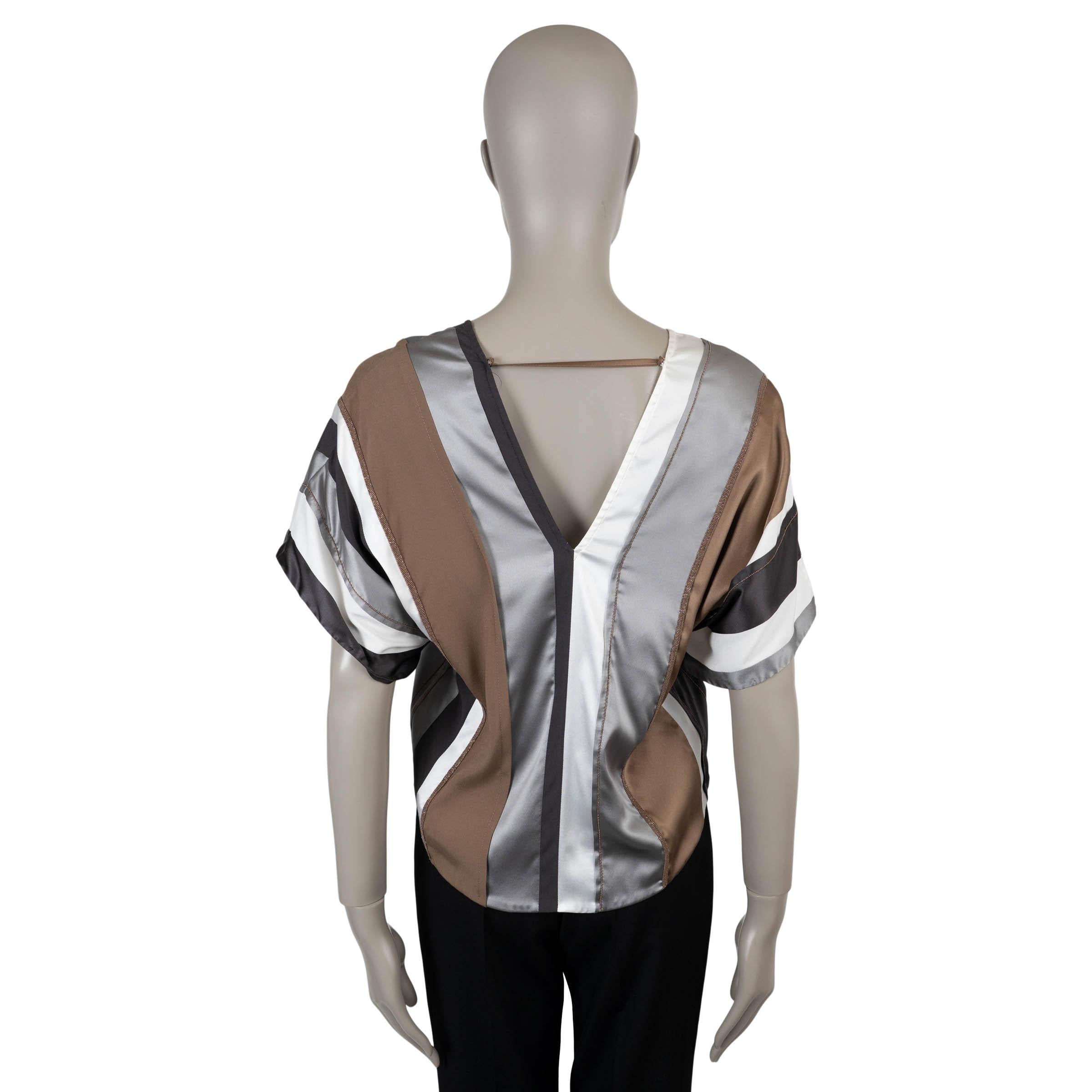 BRUNELLO CUCINELLI bonze seda plata 2019 SATINADO A RAYAS Blusa Camisa S Plata en venta