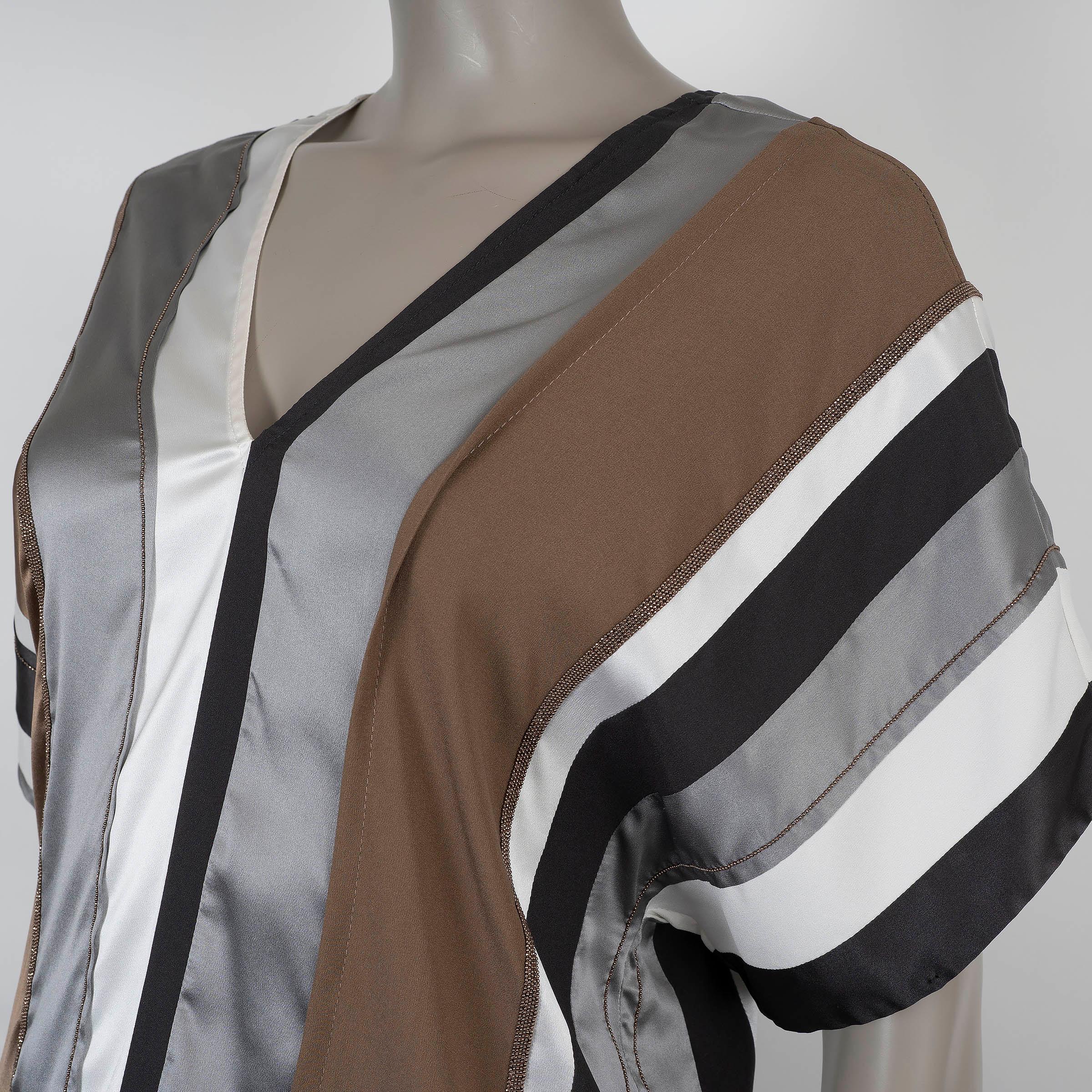 De las mujeres BRUNELLO CUCINELLI bonze seda plata 2019 SATINADO A RAYAS Blusa Camisa S en venta