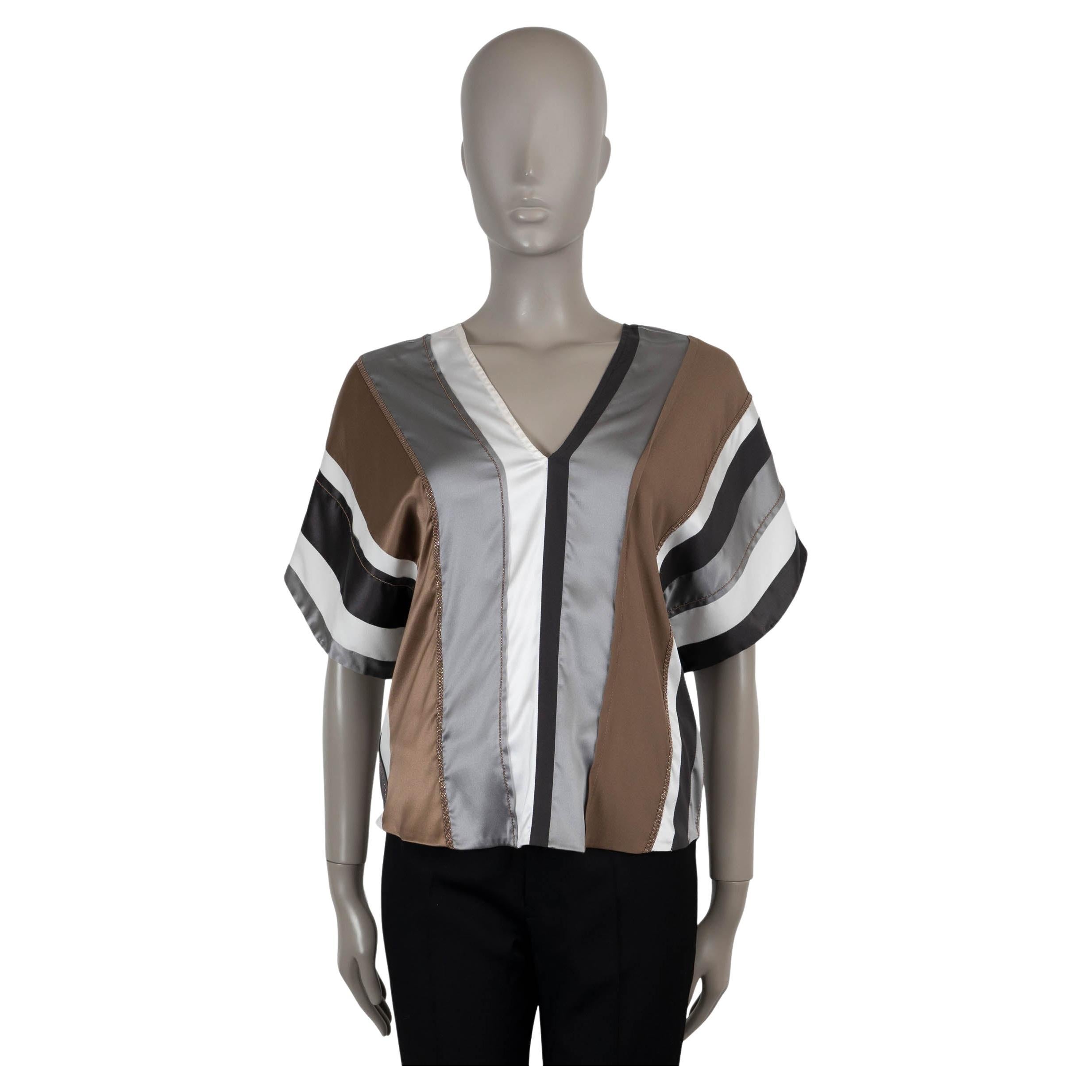 BRUNELLO CUCINELLI bonze seda plata 2019 SATINADO A RAYAS Blusa Camisa S