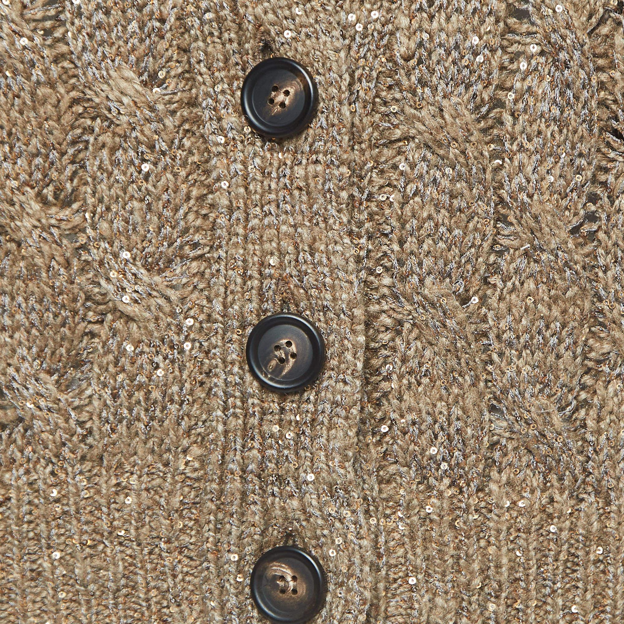 Brunello Cucinelli Borwn Sequined Cable Knit Cardigan XL In Excellent Condition For Sale In Dubai, Al Qouz 2