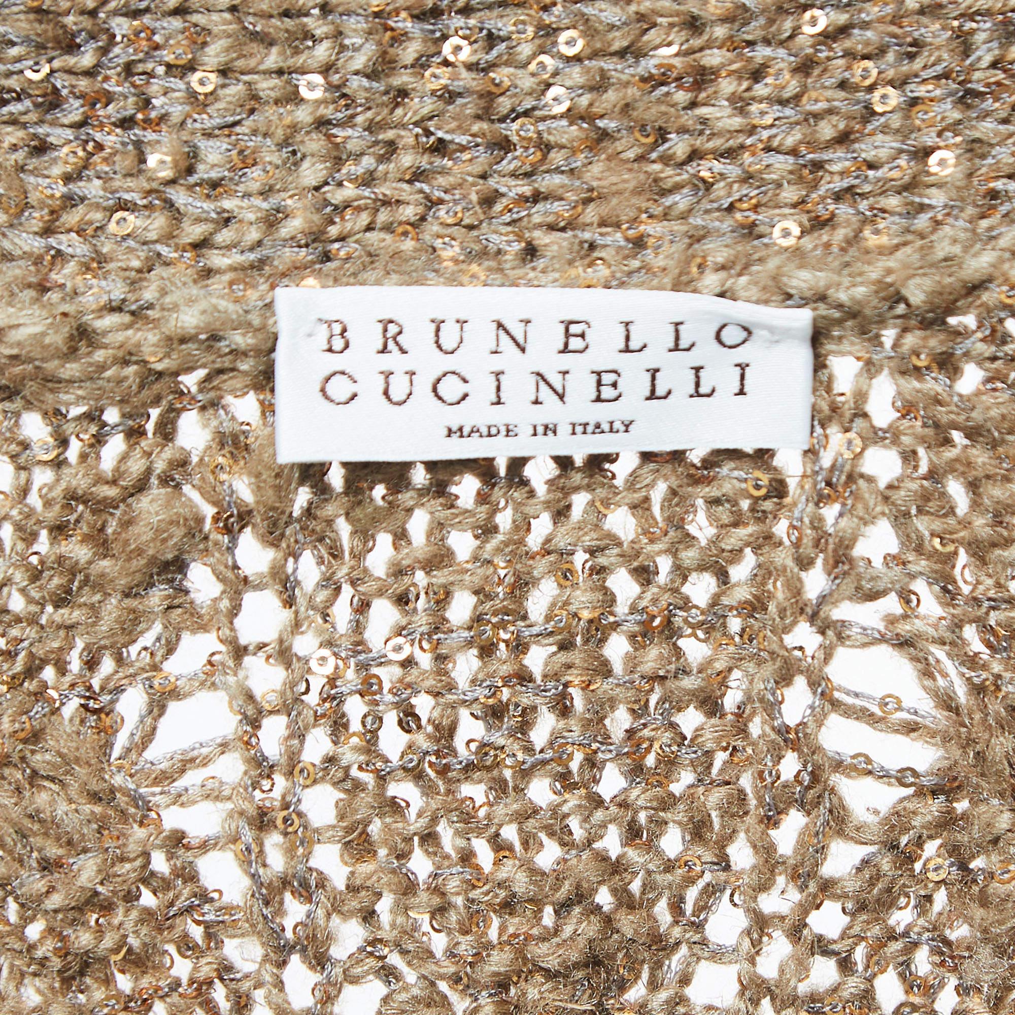 Brunello Cucinelli Borwn Sequined Cable Knit Cardigan XL For Sale 1