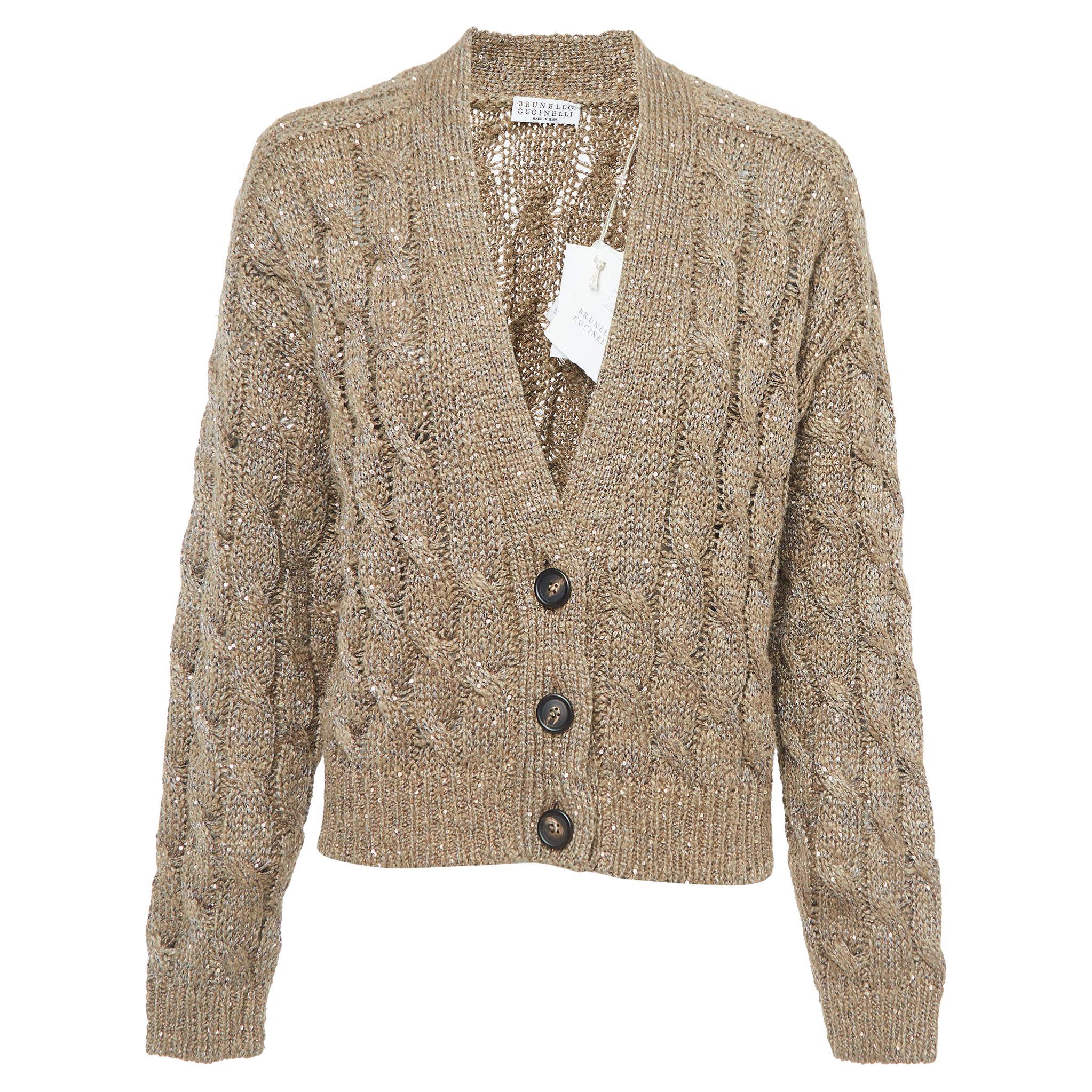 Brunello Cucinelli Borwn Sequined Cable Knit Cardigan XL For Sale