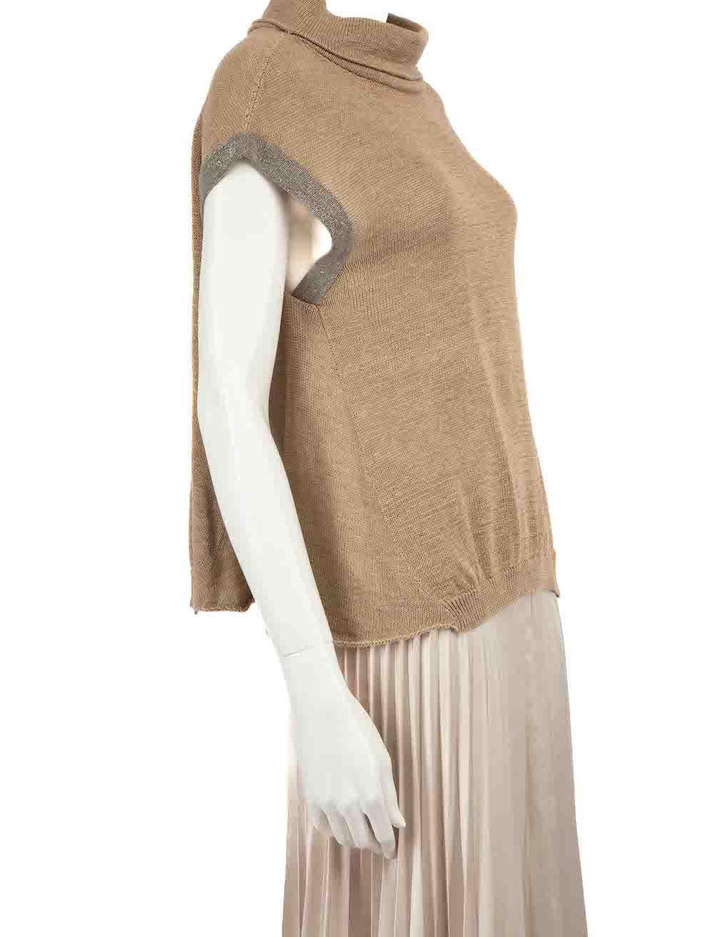 CONDITION is Very good. Hardly any visible wear to jumper is evident on this used Brunello Cucinelli designer resale item.
 
 Details
 Brown
 Cotton
 Knit top
 Beaded detail
 Mock Neck
 
 
 Made in Italy
 
 Composition
 100% Cotton
 
 Care