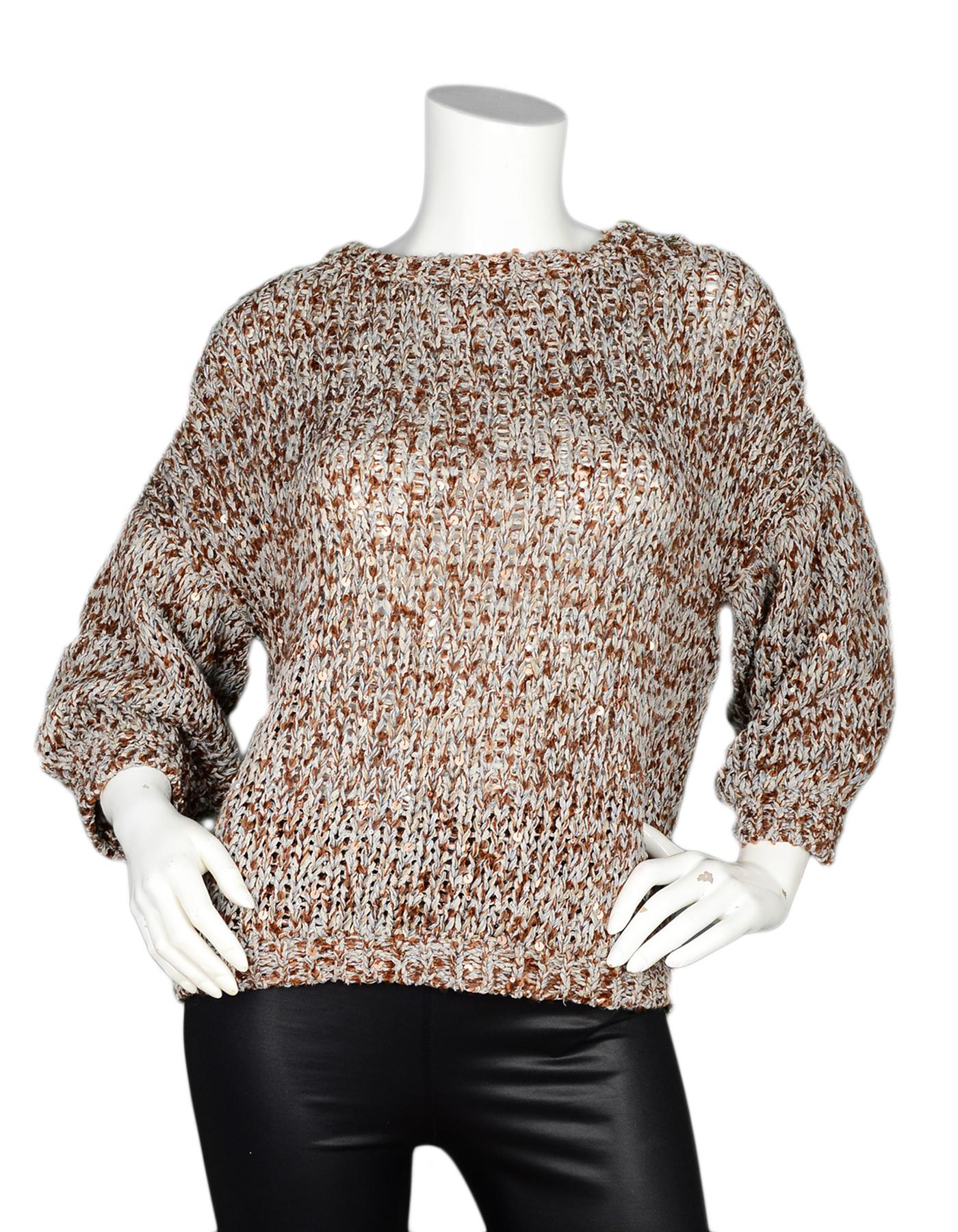 Brunello Cucinelli Brown/Blue Knit/Sequin Sweater Sz S

Made In: Italy
Color: Brown/blue
Materials:28% linen, 25% cotton, 18% polyester, 14% polyurethane 
Opening/Closure: Pull over
Overall Condition: Excellent pre-owned condition 

Tag Size: