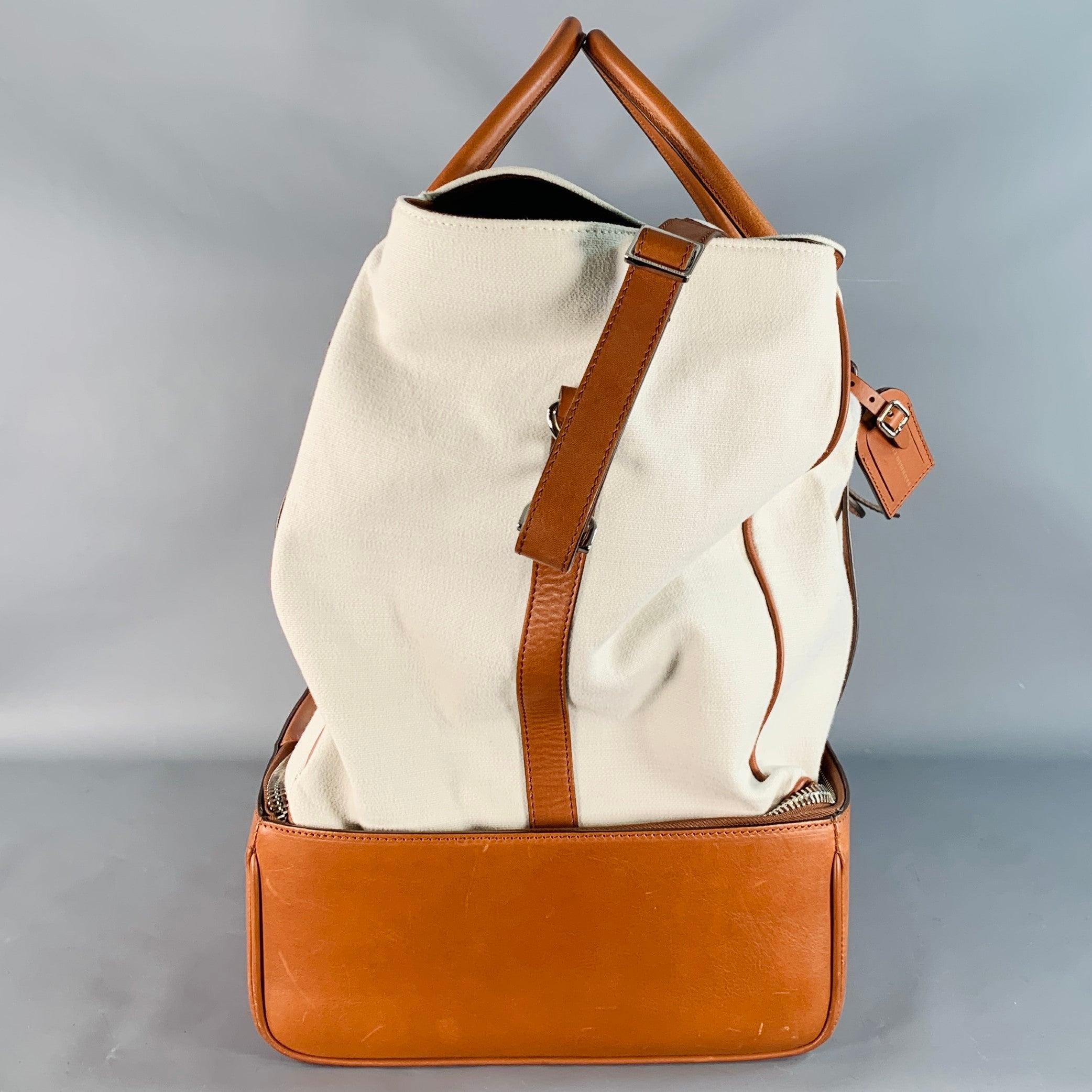 Blanc Brunello Cucinelli Brown Cream Canvas Leather Oversized Weekender Bag en vente