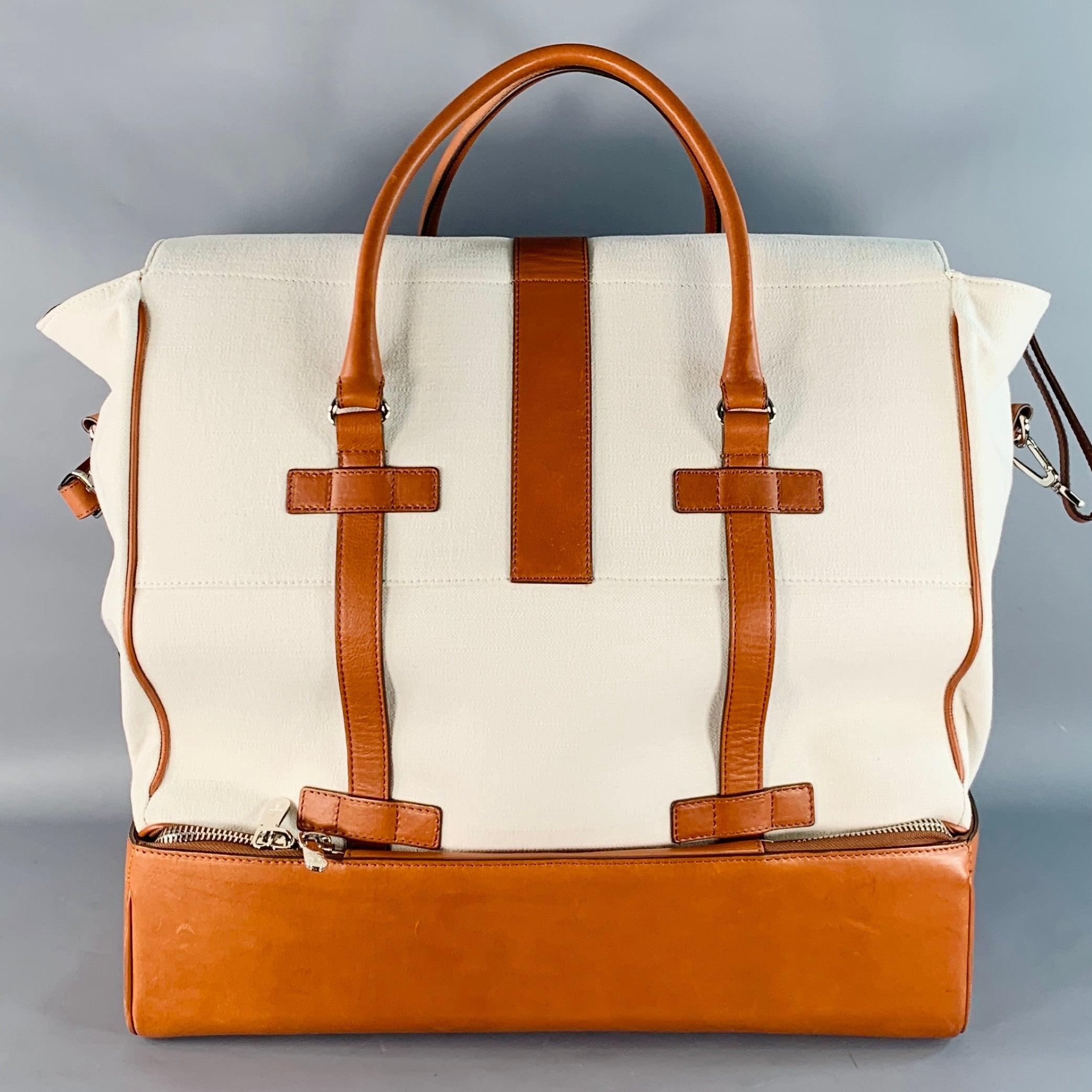 Brunello Cucinelli Brown Cream Canvas Leather Oversized Weekender Bag Excellent état - En vente à San Francisco, CA