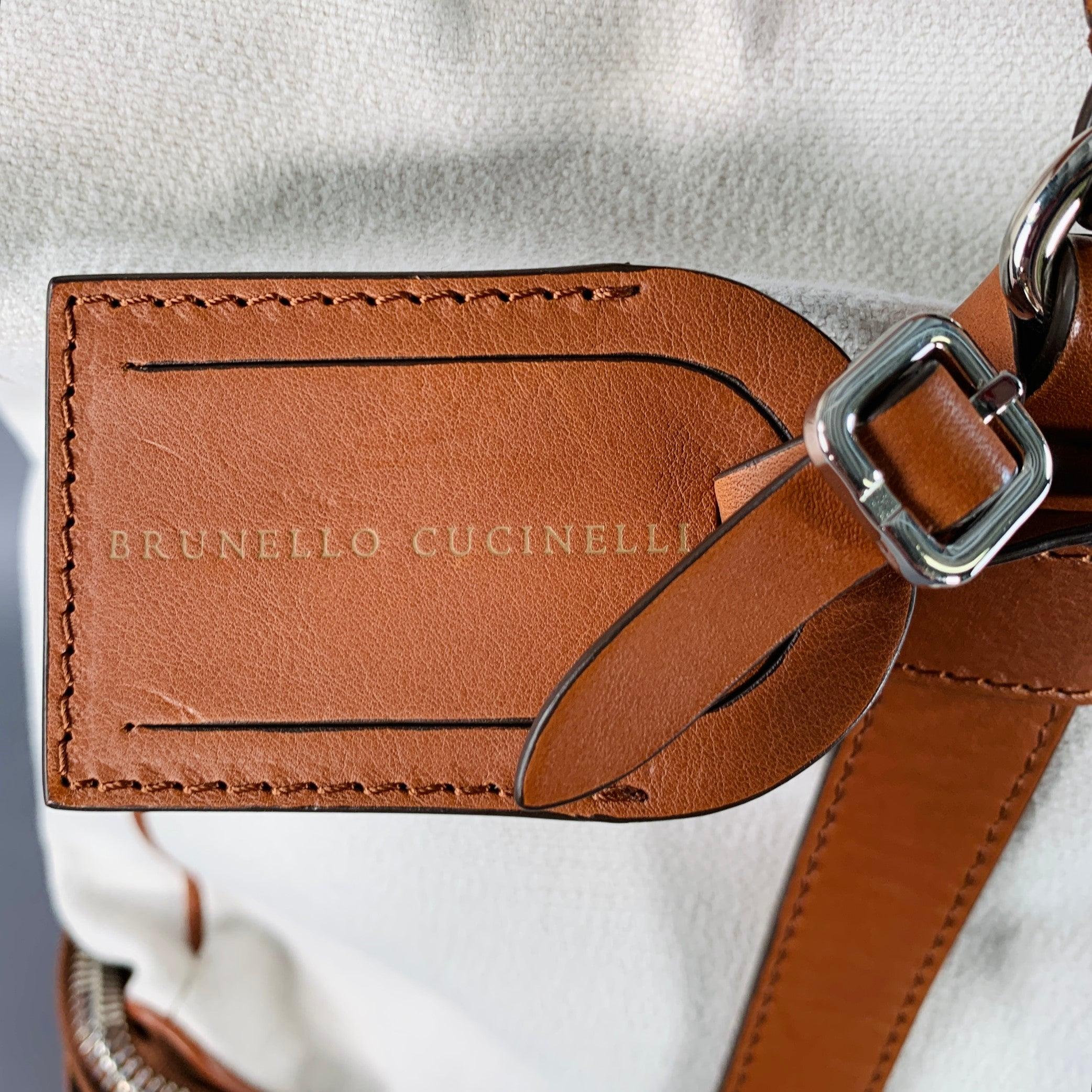 Brunello Cucinelli Brown Cream Canvas Leather Oversized Weekender Bag en vente 1