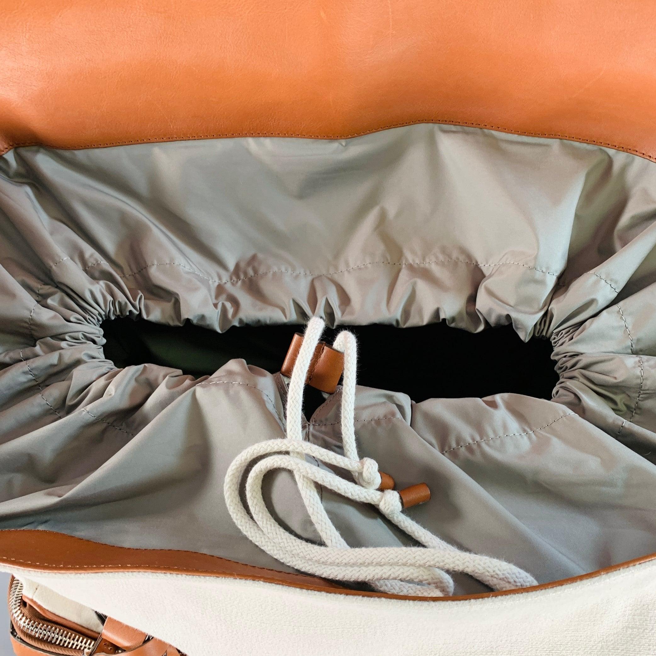 Brunello Cucinelli Brown Cream Canvas Leather Oversized Weekender Bag en vente 2