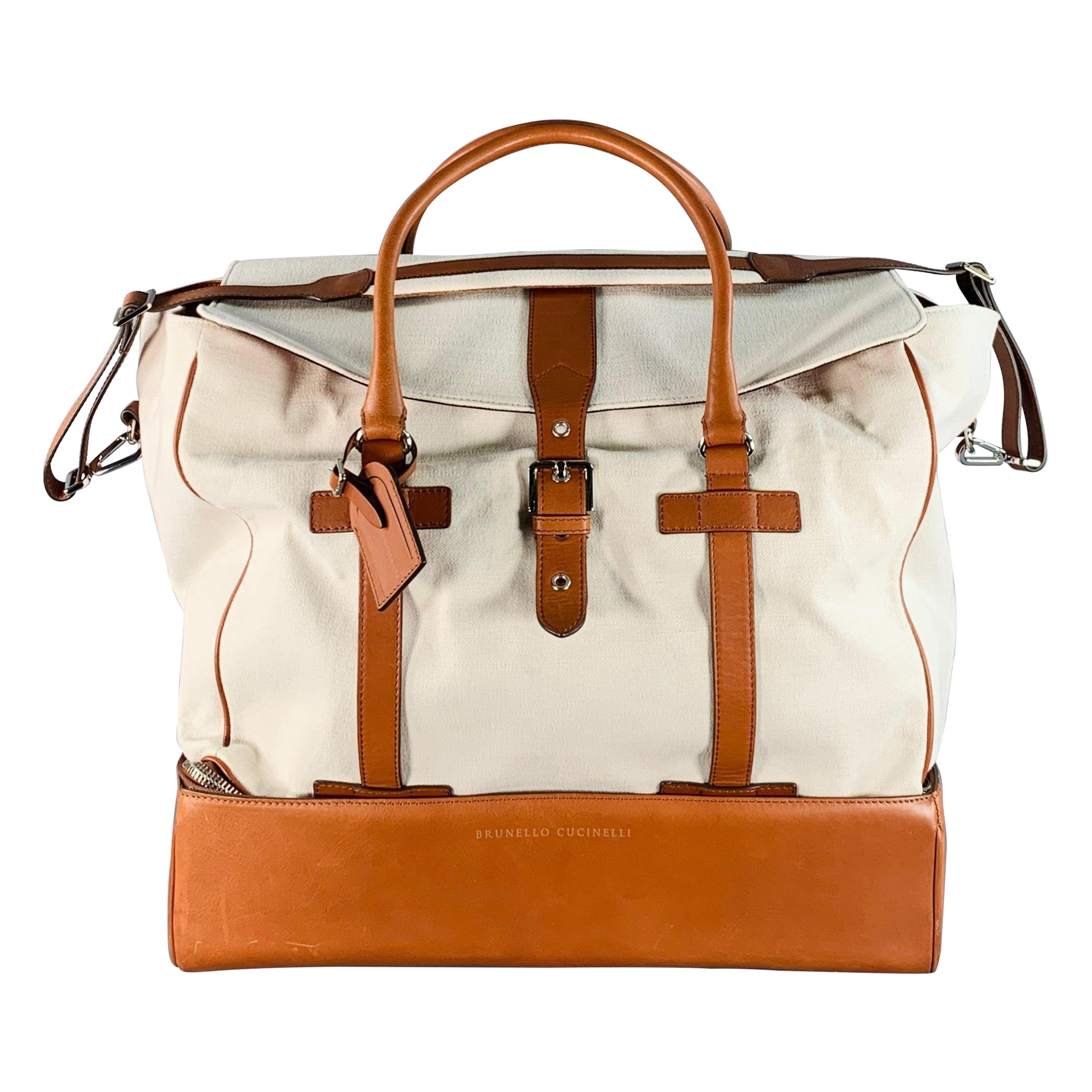 Brunello Cucinelli Brown Cream Canvas Leather Oversized Weekender Bag en vente